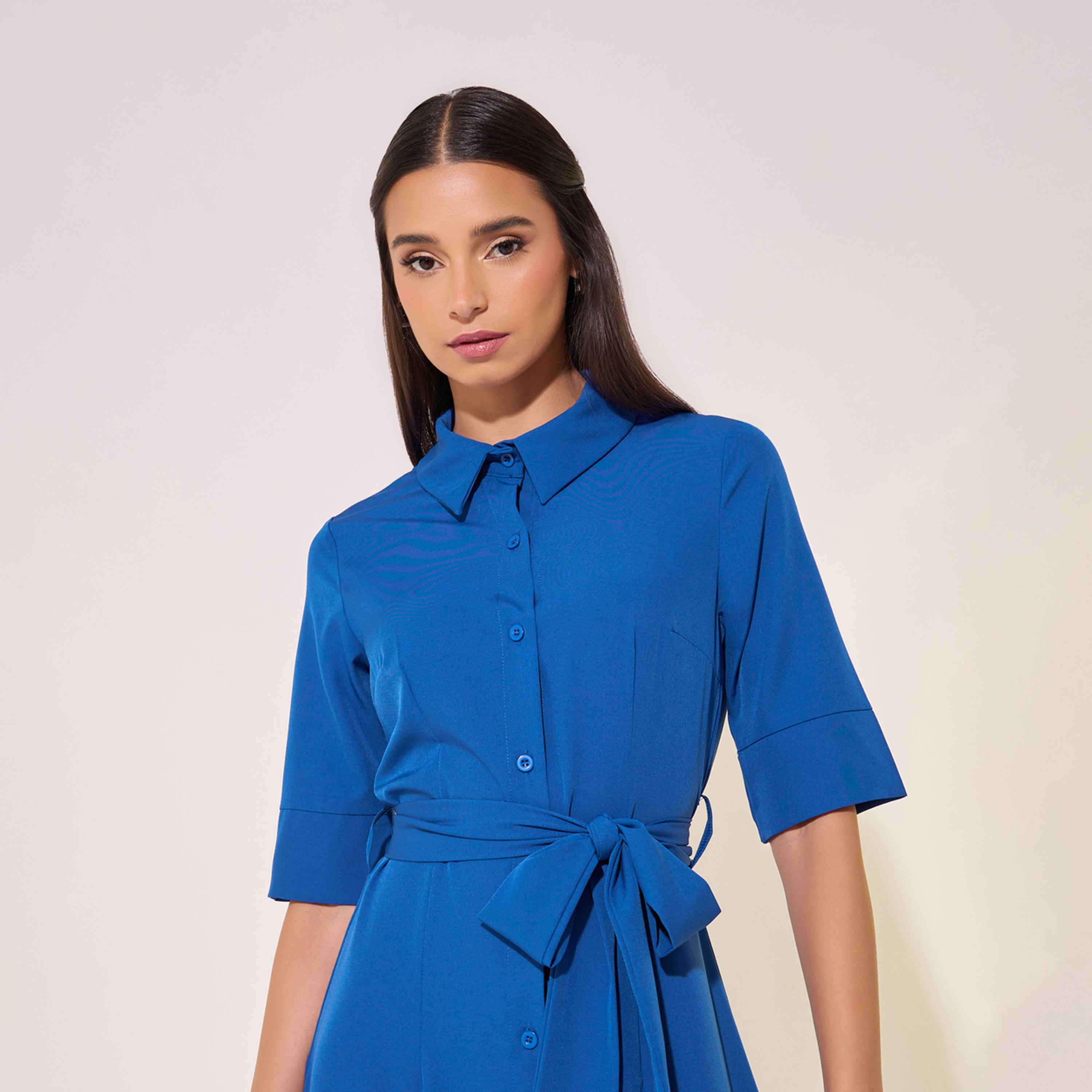 Take Two Solid Collared Shirt Midi Dress with Waist Tie Detail-women-clothing-dresses-image-4