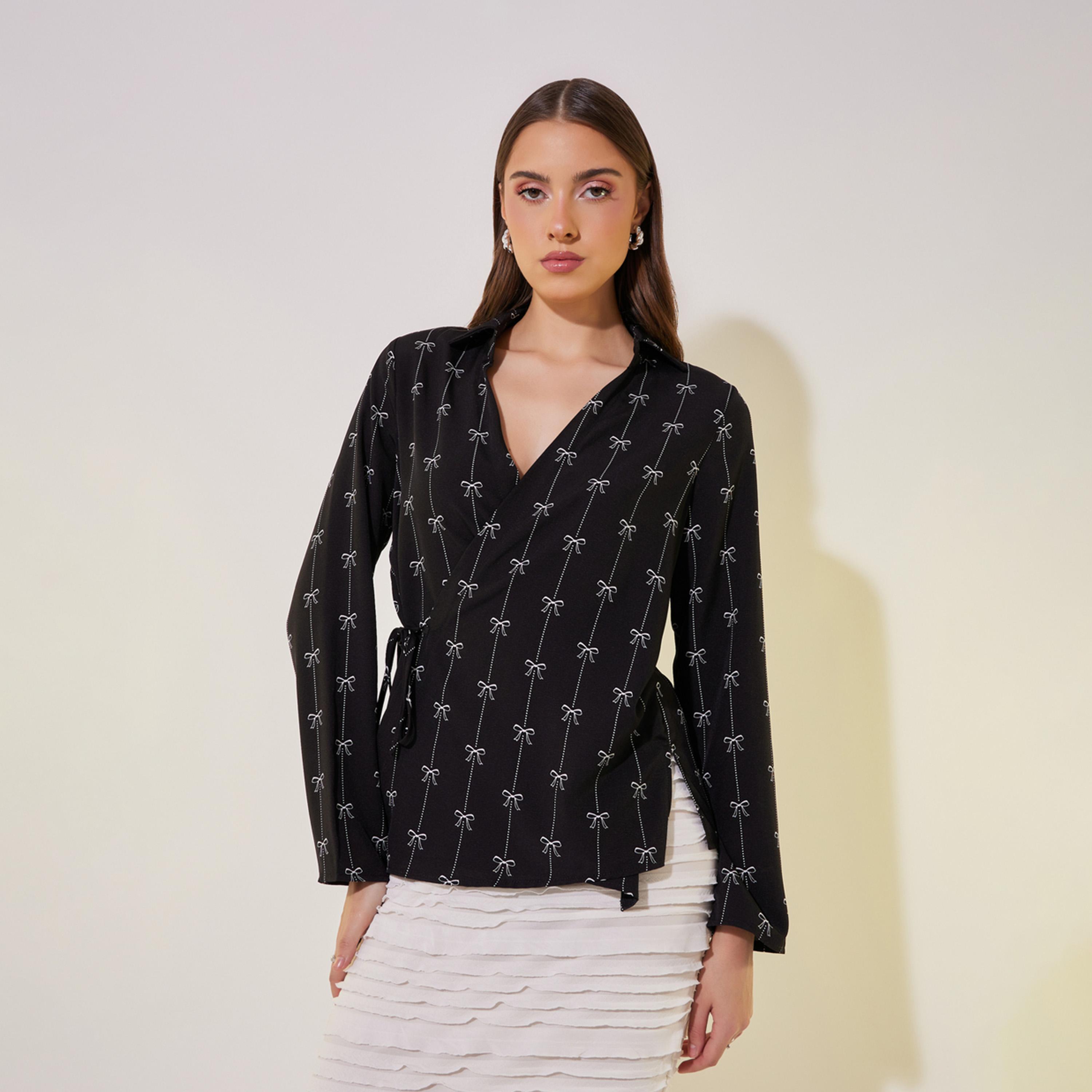 Take Two All-Over Bow Print Long Sleeve Wrap Top-women-clothing-shirtsandblouses-blouses-image-1