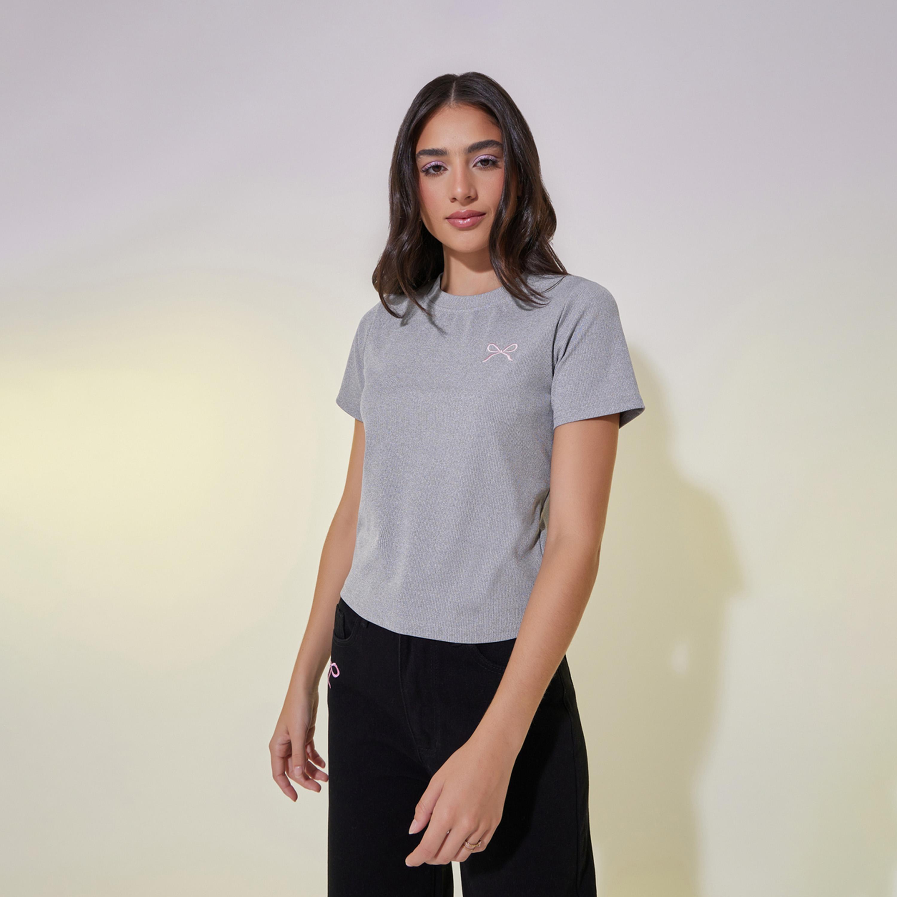 Take Two Embroidered Bow Detail Rib Knit Regular Fit T-Shirt-women-clothing-tshirts-image-3