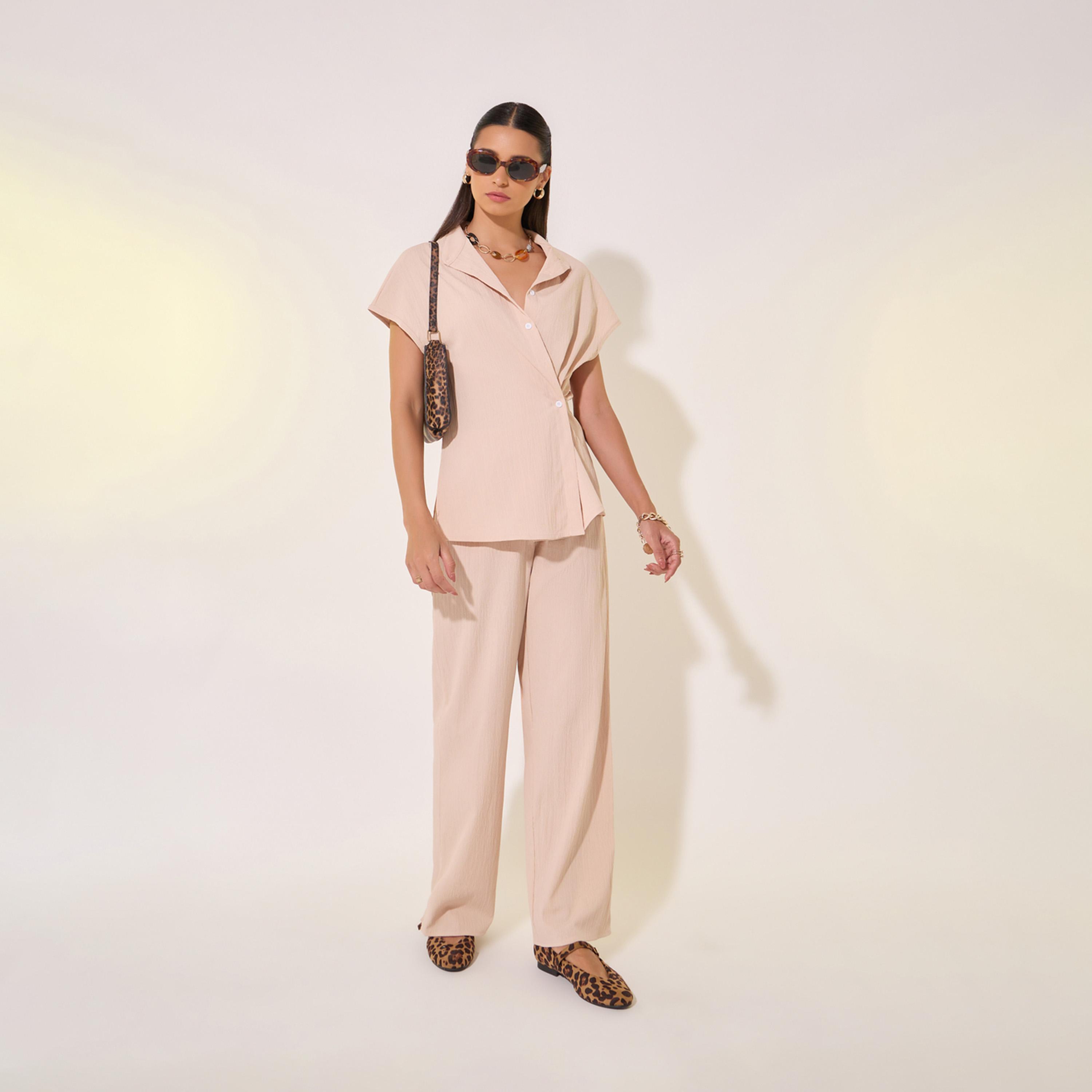 Take Two Solid Wrap Buttoned Shirt and Pants Co-Ords-women-clothing-coordsets-image-1