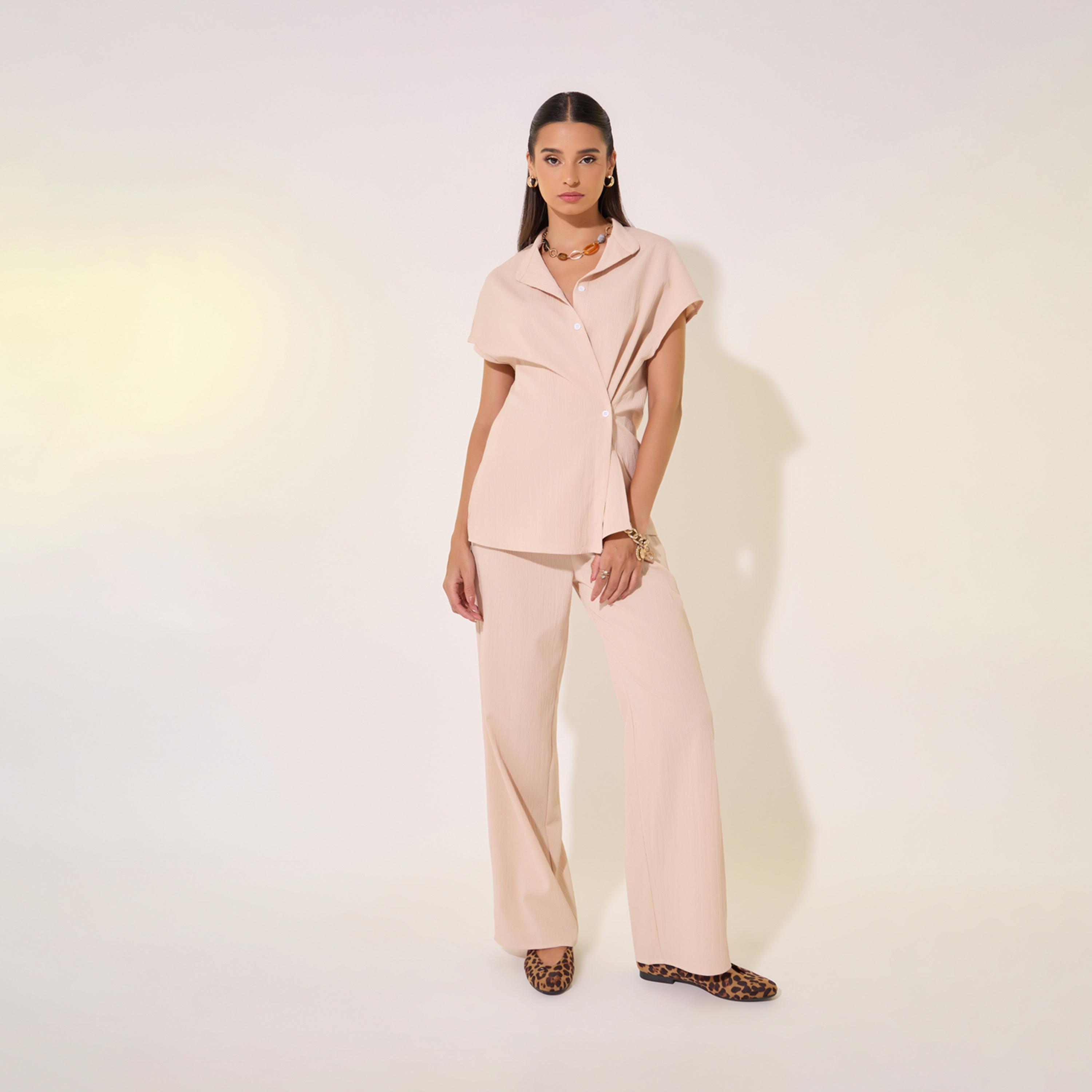 Take Two Solid Wrap Buttoned Shirt and Pants Co-Ords-women-clothing-coordsets-image-2