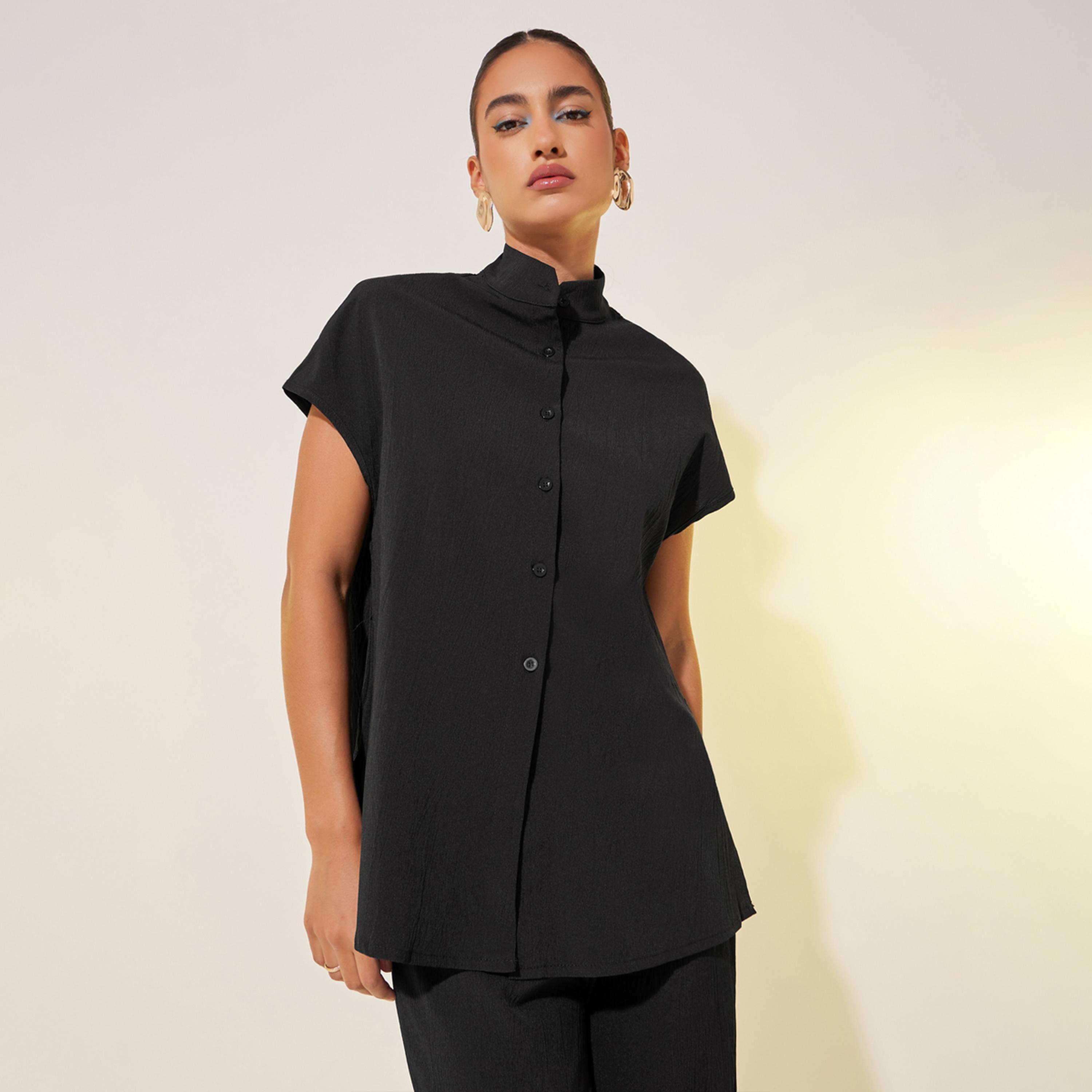 Styli Solid Short Sleeves Relaxed Fit Shirt and Pants Co-Ords-women-clothing-coordsets-image-2