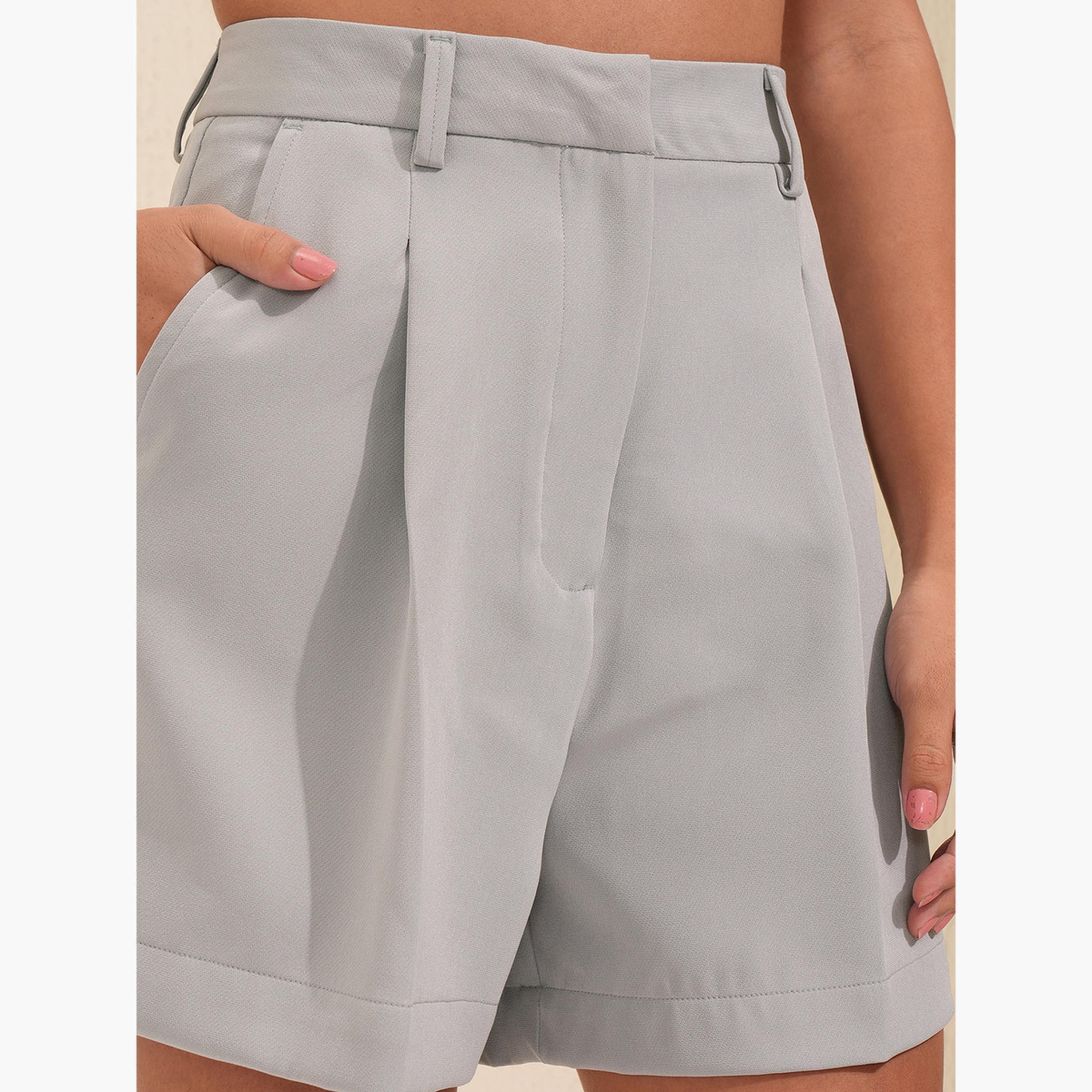 Tokyo Talkies X Styli Solid High Rise Pleated Shorts-women-clothing-bottoms-shorts-image-6