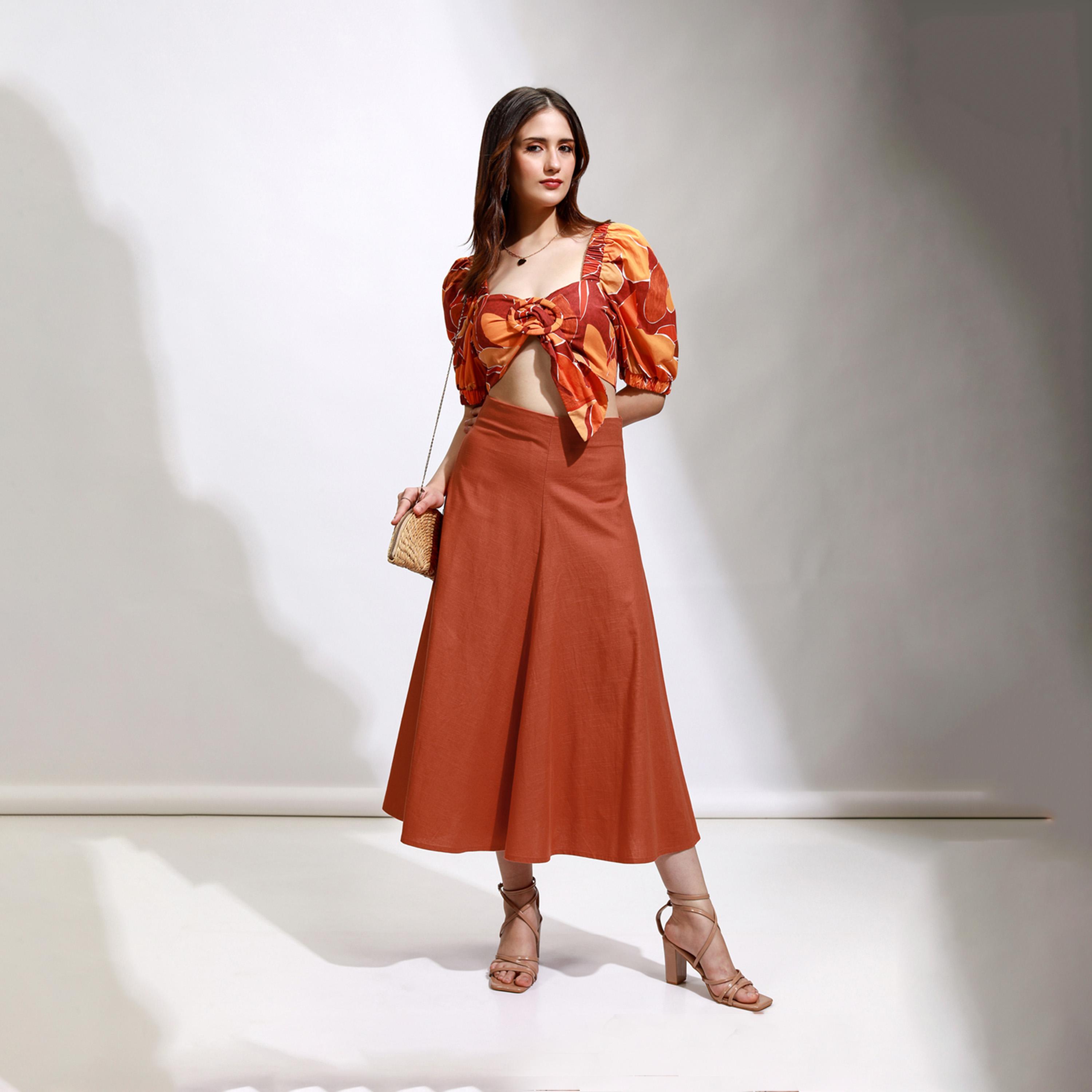 Tokyo Talkies X Styli Solid High Rise A-Line Flared Midi Skirt-women-clothing-bottoms-skirts-image-2