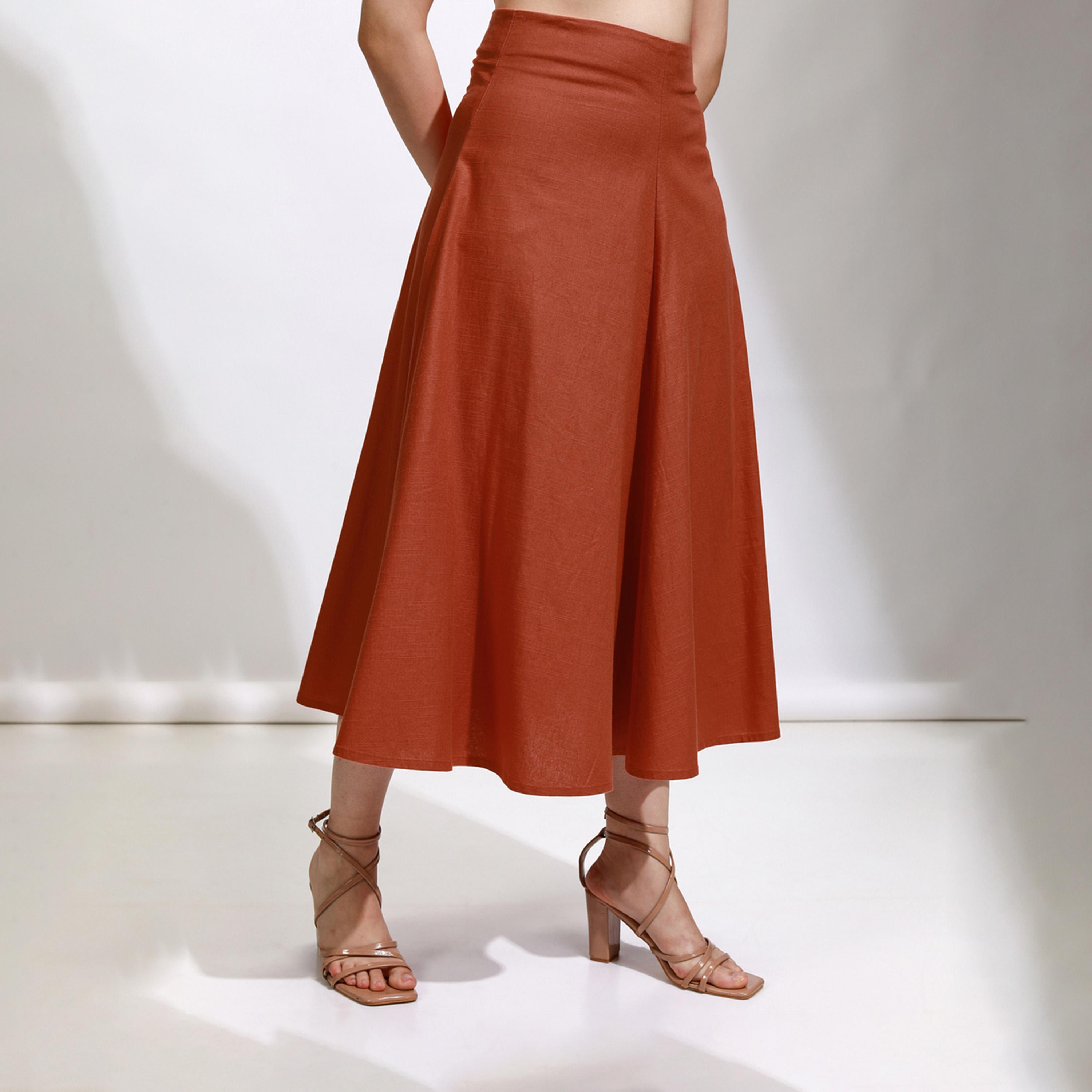 Tokyo Talkies X Styli Solid High Rise A-Line Flared Midi Skirt-women-clothing-bottoms-skirts-image-3