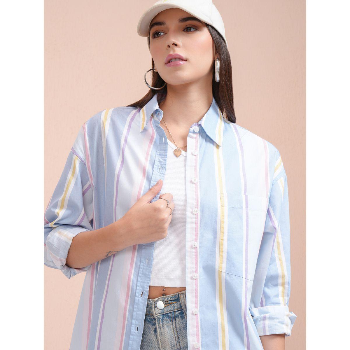 بلوزة طويلة كاجوال مخططة بأزرار غلق طوكيو توكيز × ستايلي-women-clothing-shirtsandblouses-shirts-image-1