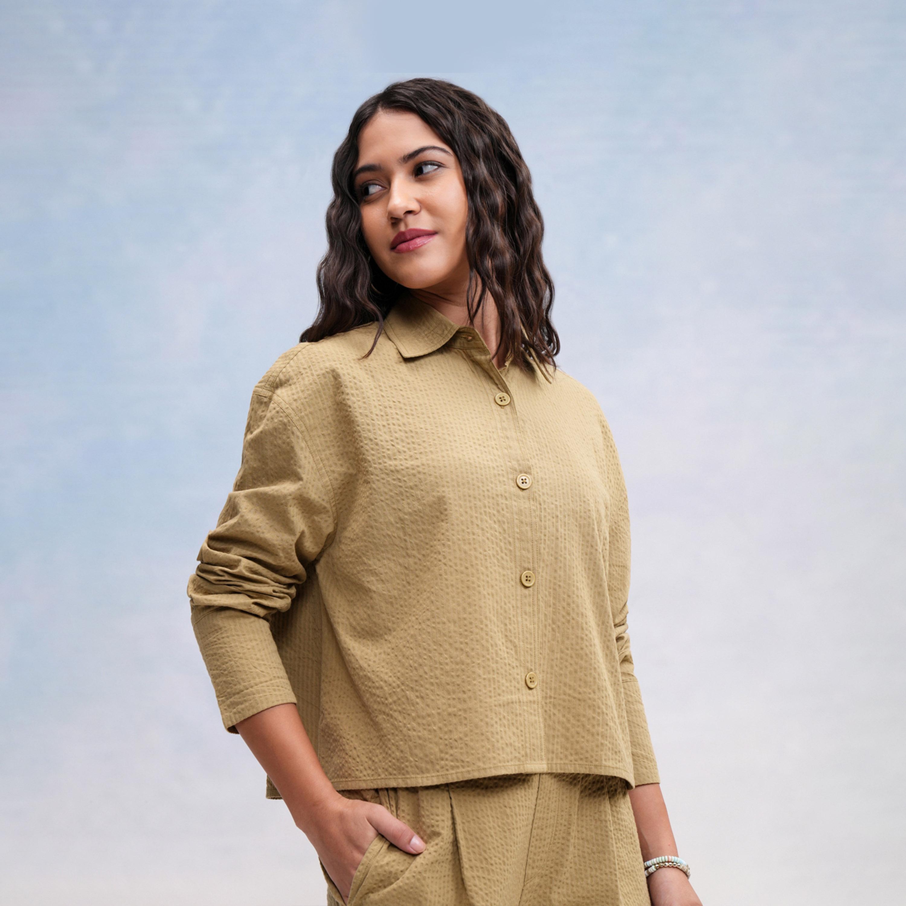 Tokyo Talkies X Styli Textured Spread Collar Cotton Regular Fit Shirt-women-clothing-shirtsandblouses-shirts-image-1