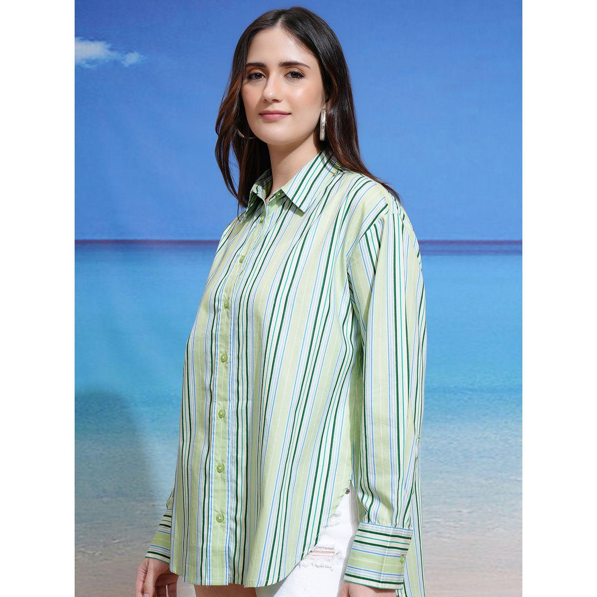 بلوزة طويلة كاجوال مخططة بأزرار غلق-women-clothing-shirtsandblouses-shirts-image-4