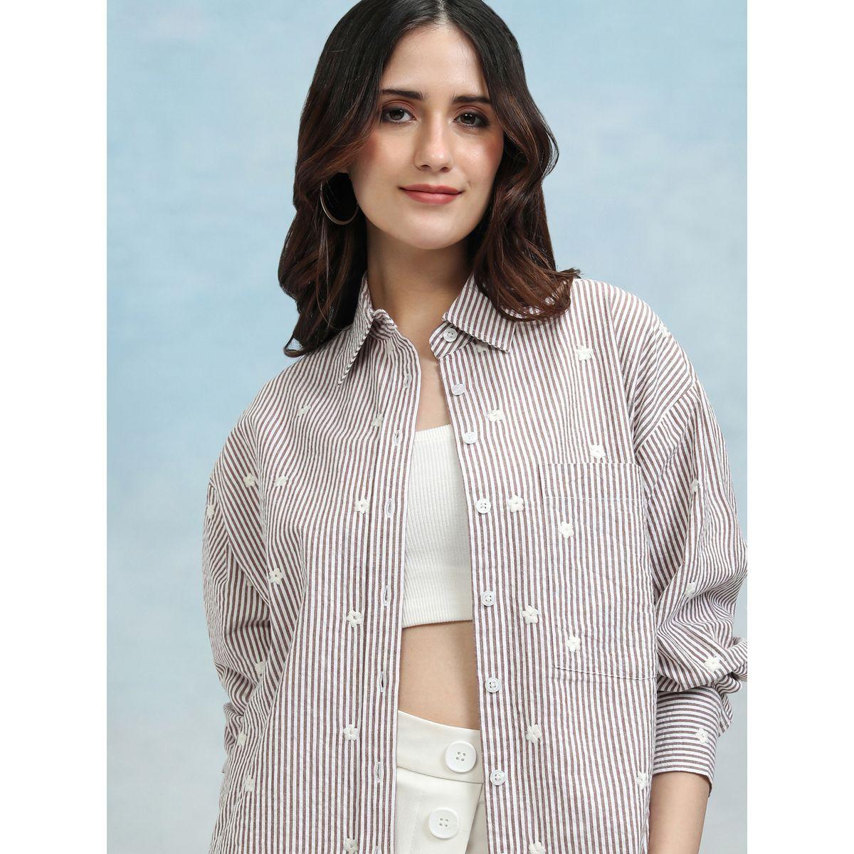 Embroidered Striped Casual Shirt with Pocket-women-clothing-shirtsandblouses-shirts-image-1