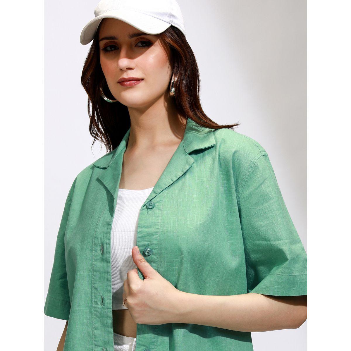 Tokyo Talkies X Styli Solid Cuban Collar Cotton Casual Shirt-women-clothing-shirtsandblouses-shirts-image-1