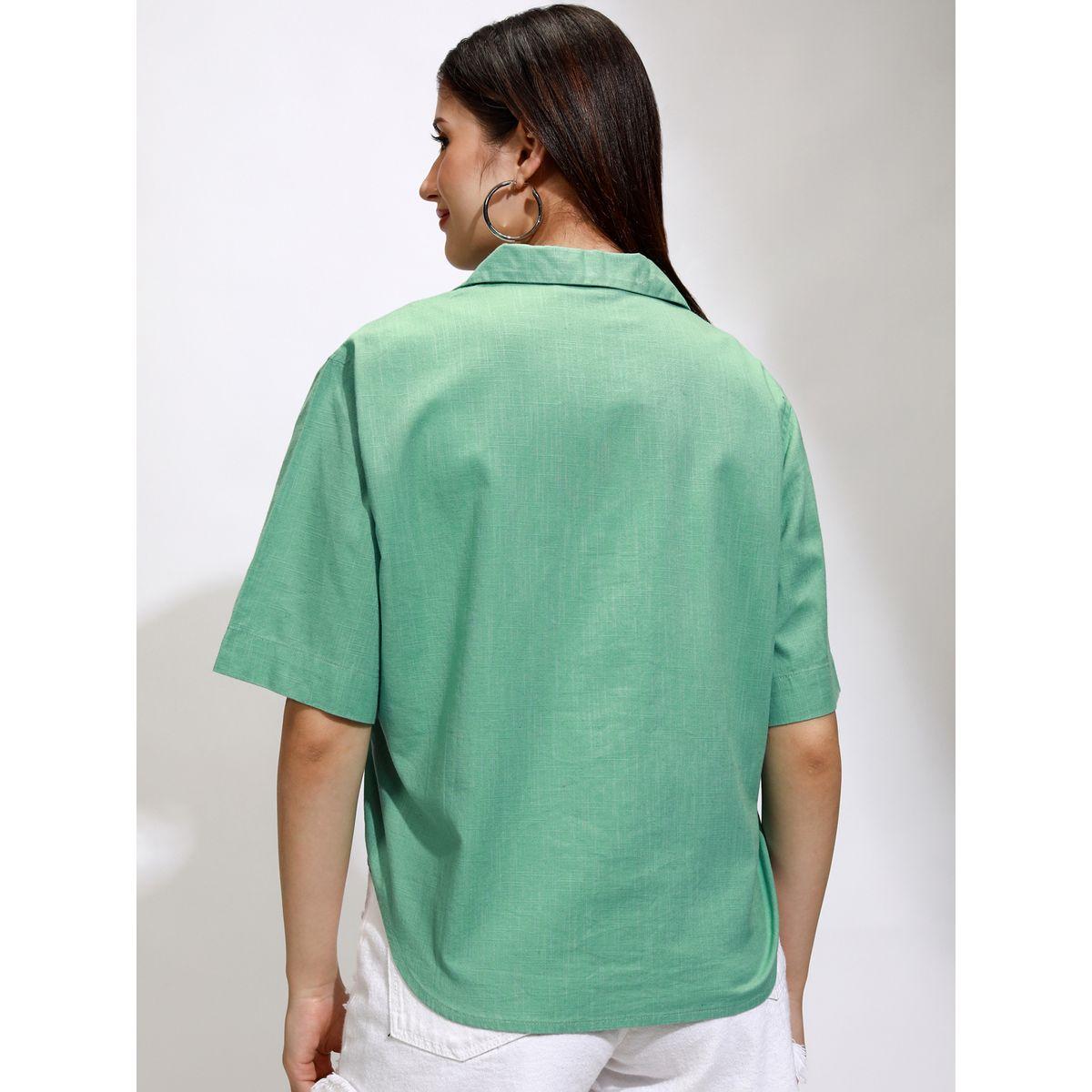 Tokyo Talkies X Styli Solid Cuban Collar Cotton Casual Shirt-women-clothing-shirtsandblouses-shirts-image-3