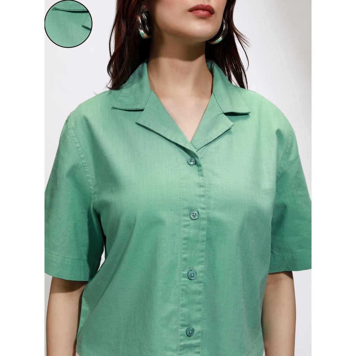Tokyo Talkies X Styli Solid Cuban Collar Cotton Casual Shirt-women-clothing-shirtsandblouses-shirts-image-5