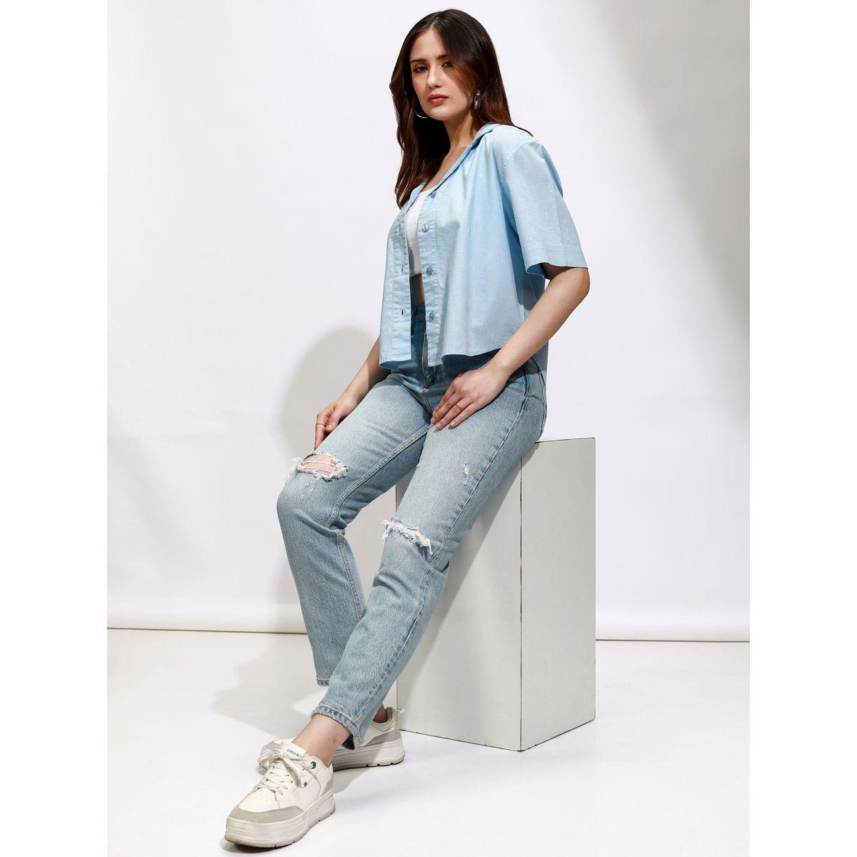 Tokyo Talkies X Styli Solid Cuban Collar Cotton Casual Shirt-women-clothing-shirtsandblouses-shirts-image-2
