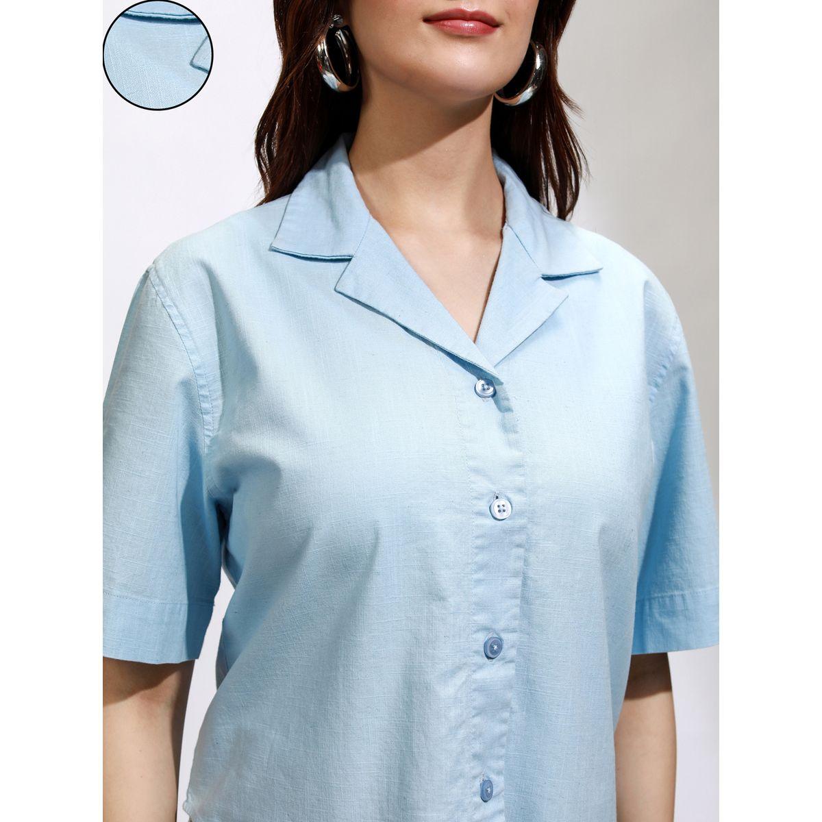 Tokyo Talkies X Styli Solid Cuban Collar Cotton Casual Shirt-women-clothing-shirtsandblouses-shirts-image-5