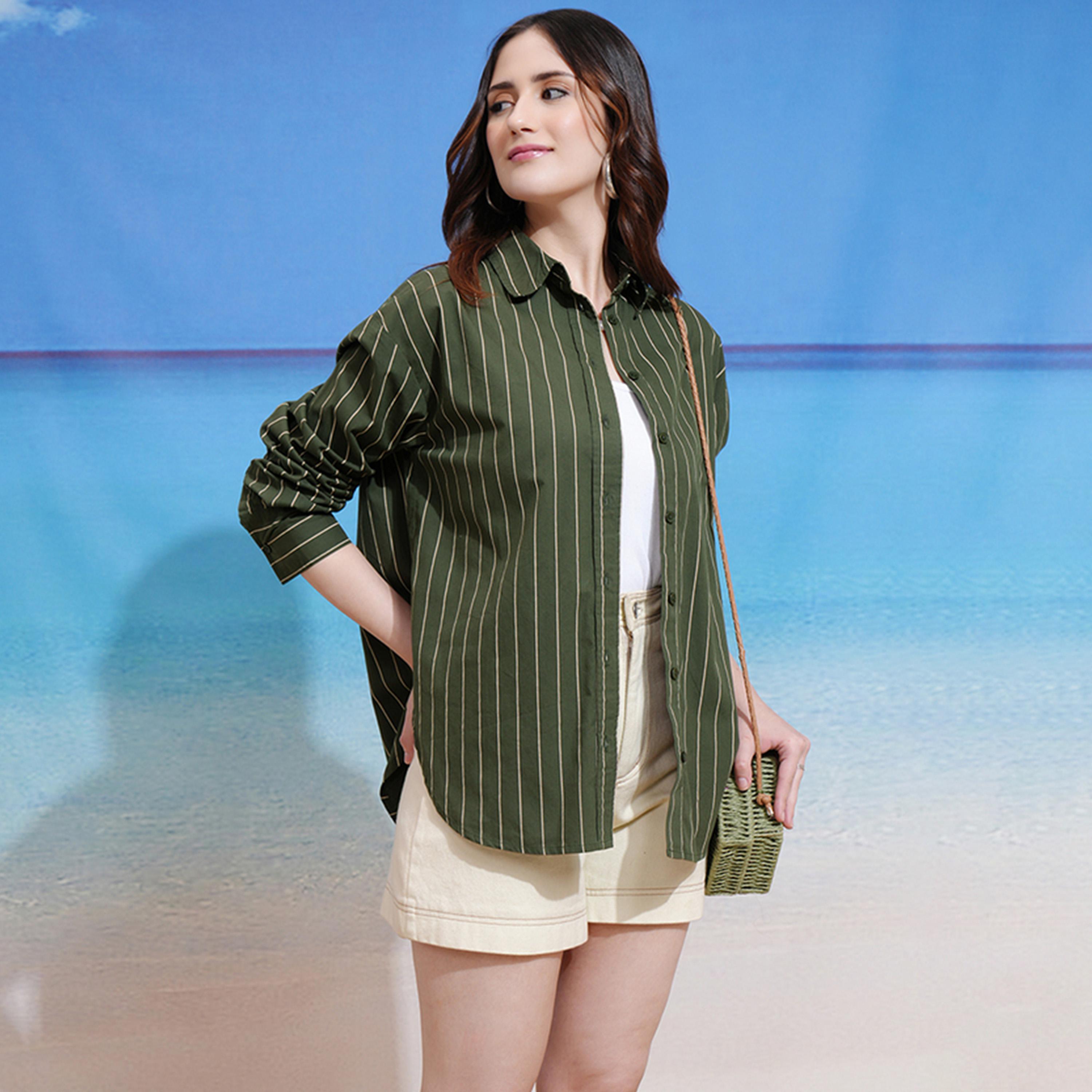 طوكيو توكيز ستايلي - قميص مخطط بقصّة عادية وياقة-women-clothing-shirtsandblouses-shirts-image-2