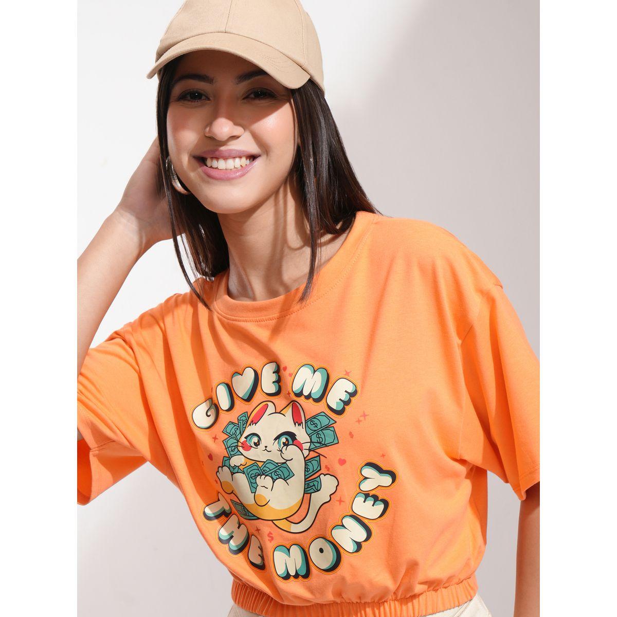 Graphic Printed Boxy Cropped T-Shirt with Elasticated Hem-women-clothing-tshirts-image-1