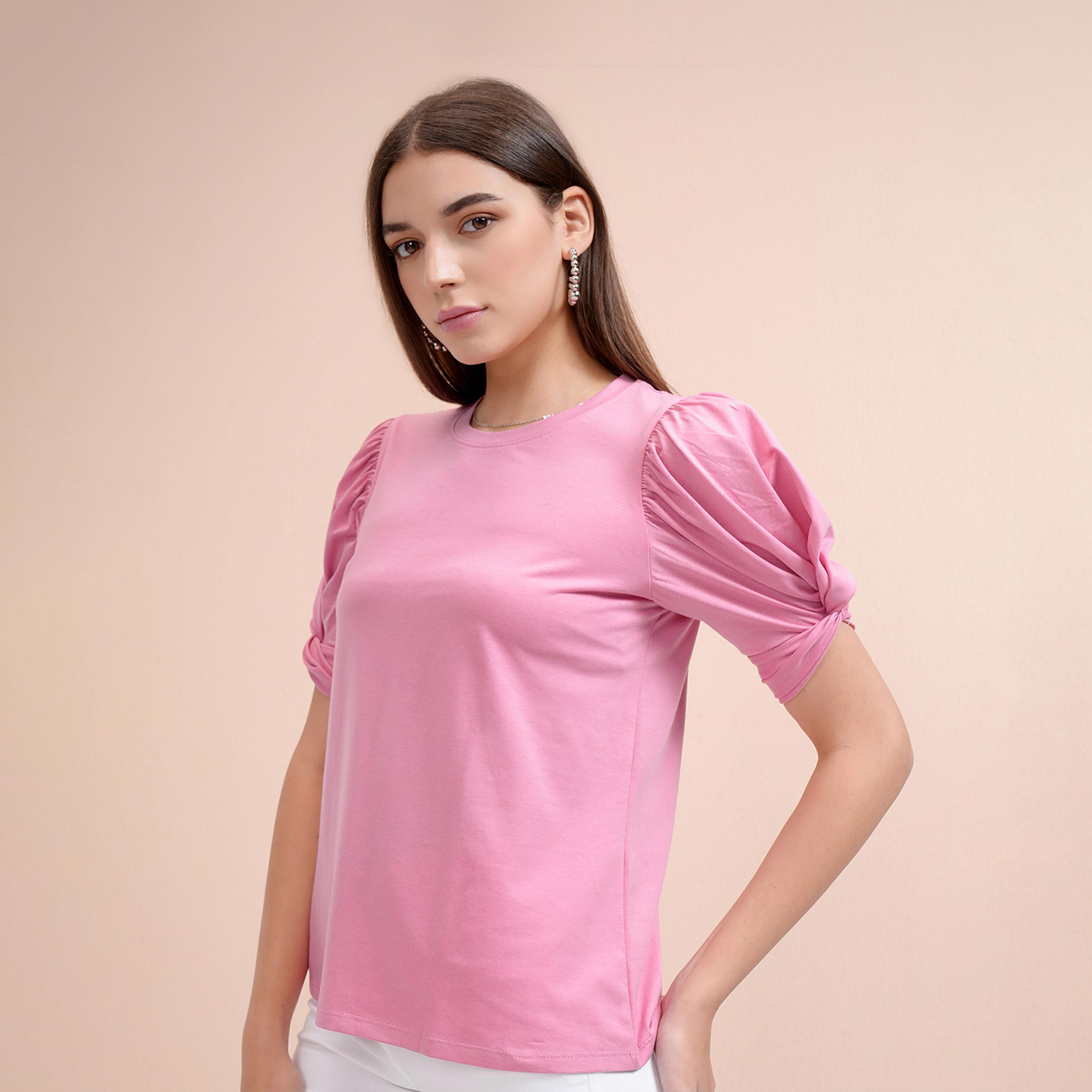 Tokyo Talkies X Styli Solid Regular Fit Puff Sleeves T-Shirt-women-clothing-tshirts-image-1