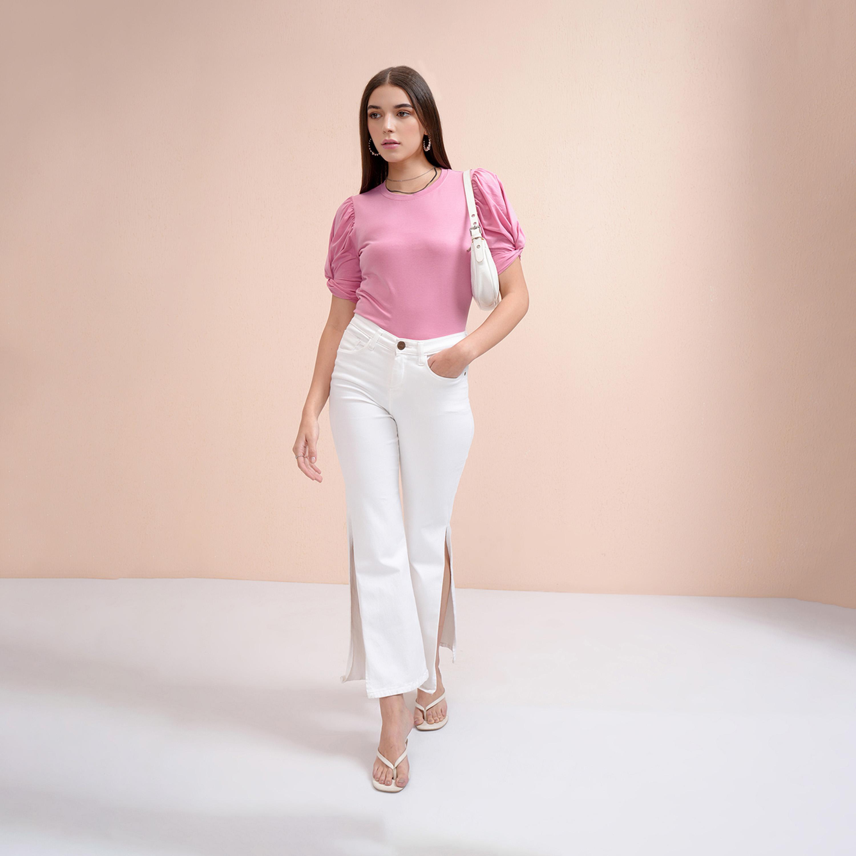 Tokyo Talkies X Styli Solid Regular Fit Puff Sleeves T-Shirt-women-clothing-tshirts-image-2