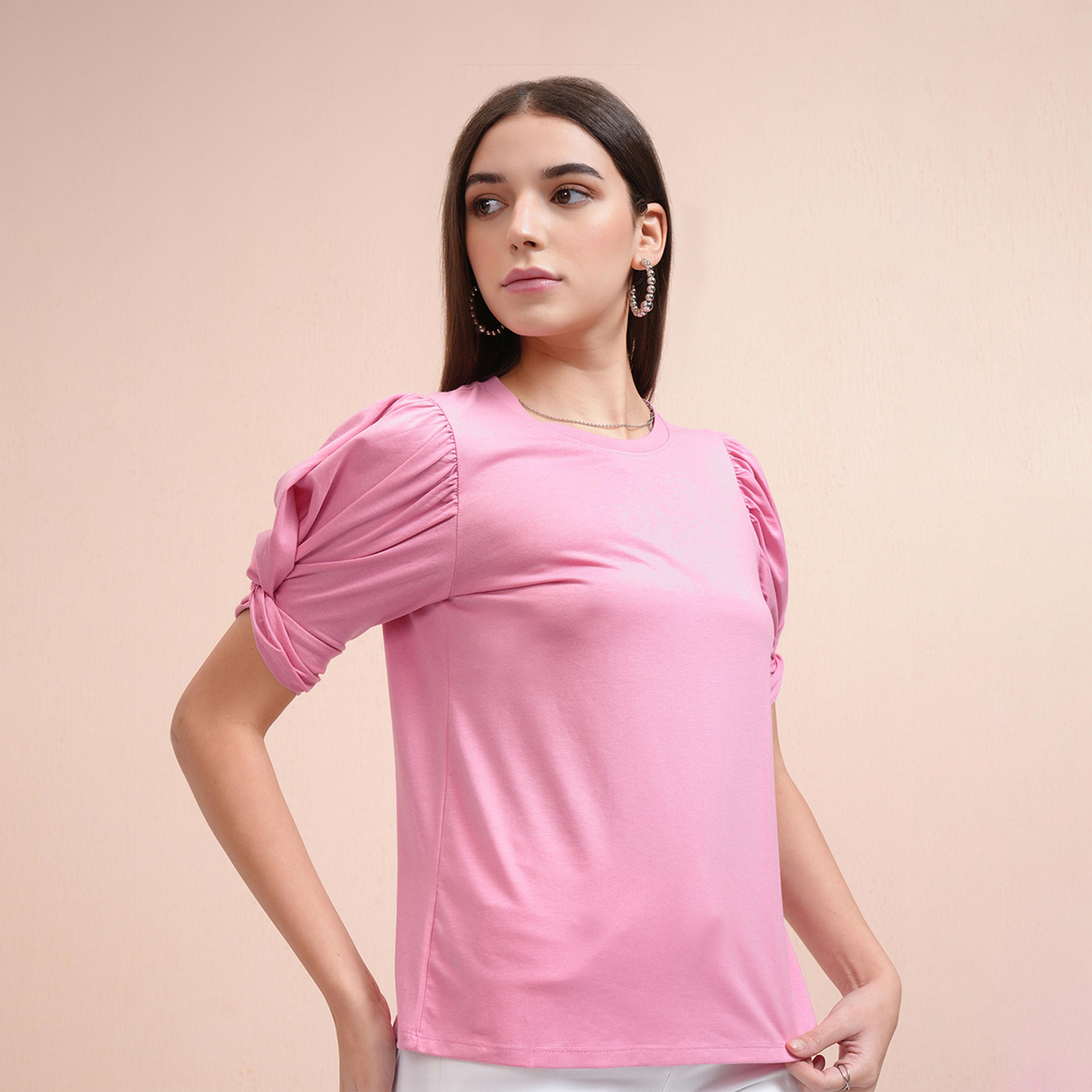 طوكيو توكيز ستايلي - تي شيرت سادة بأكمام منفوخة وقصّة عادية-women-clothing-tshirts-image-3