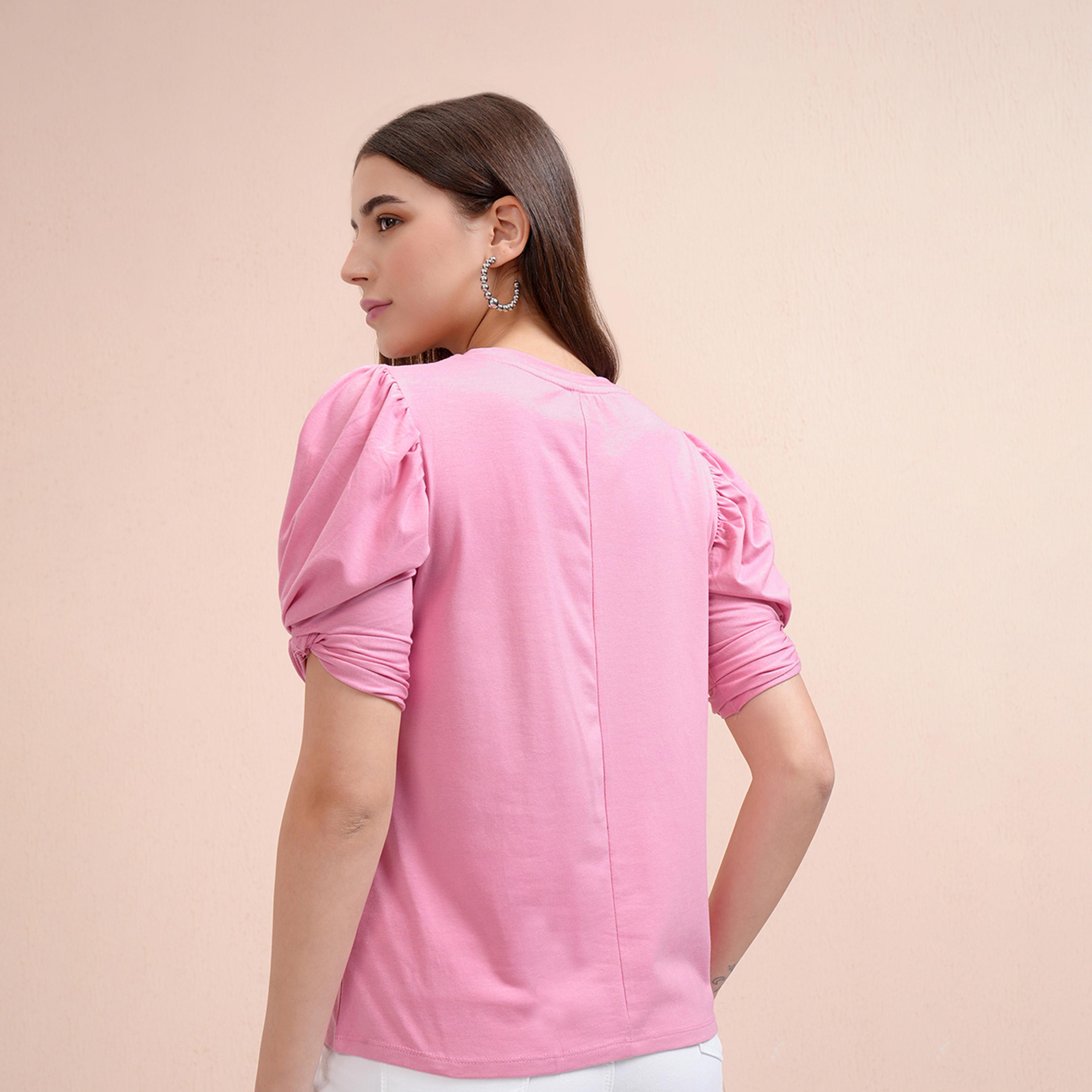Tokyo Talkies X Styli Solid Regular Fit Puff Sleeves T-Shirt-women-clothing-tshirts-image-4