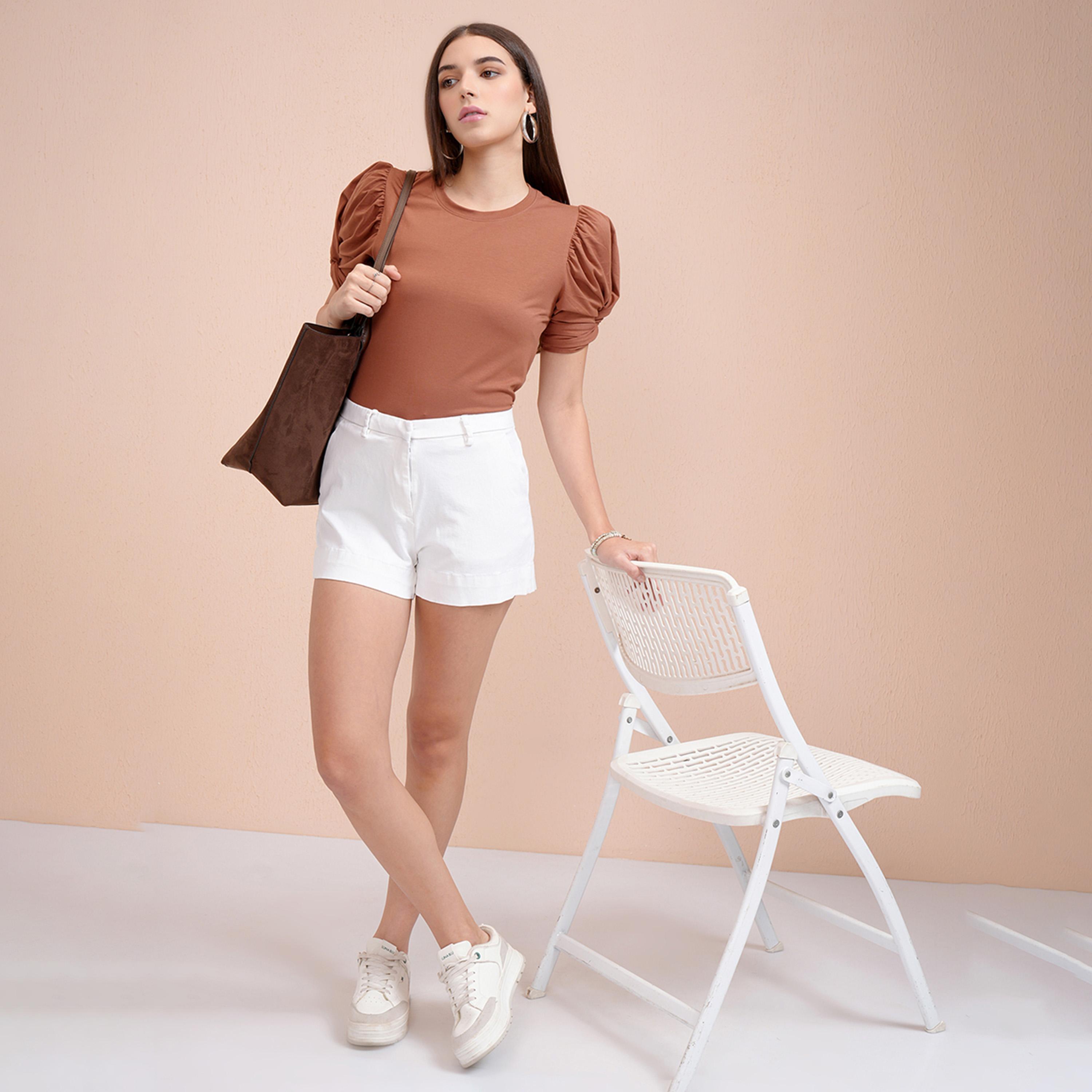 Tokyo Talkies X Styli Solid Puff Sleeves Slim Fit T-Shirt-women-clothing-tshirts-image-2