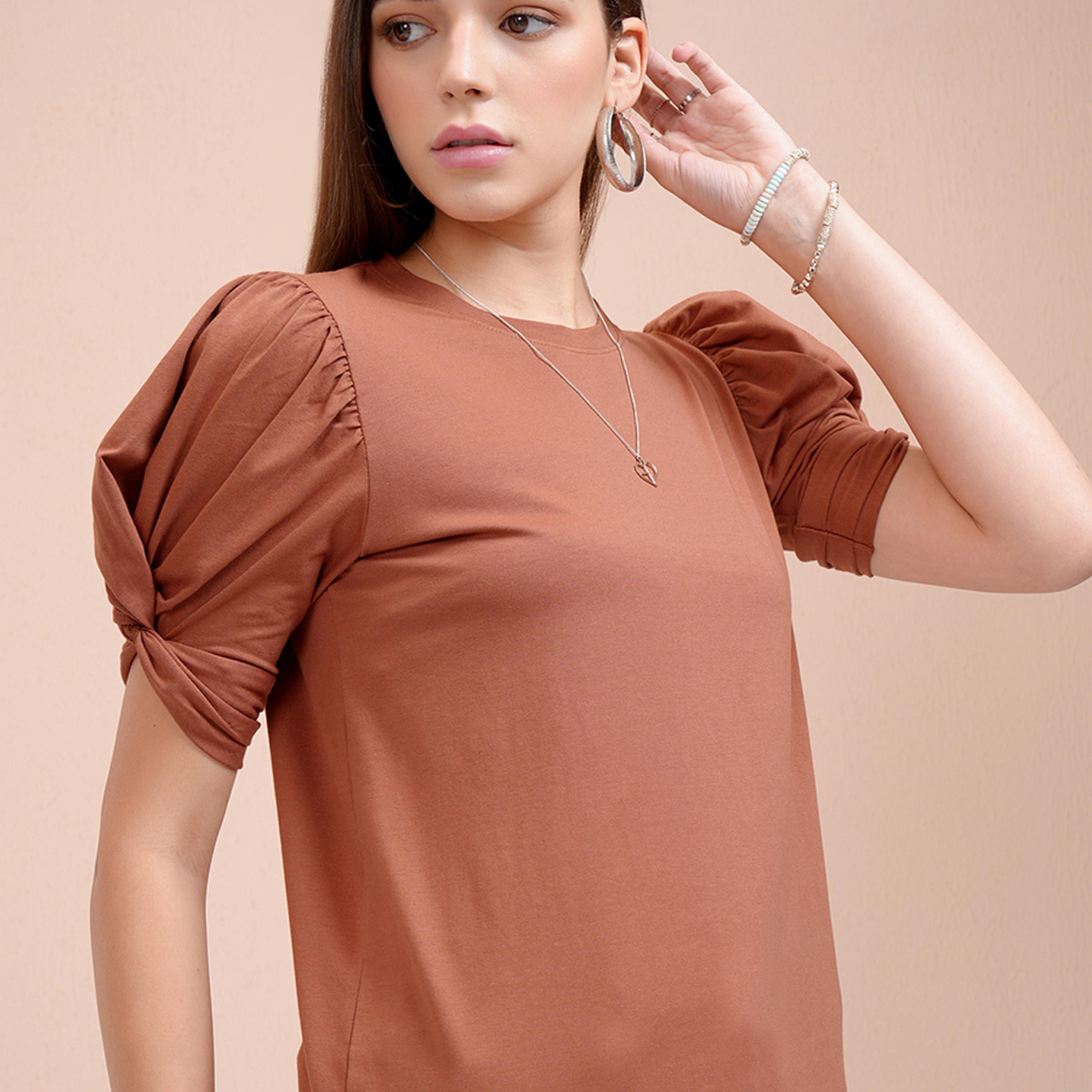 Tokyo Talkies X Styli Solid Puff Sleeves Slim Fit T-Shirt-women-clothing-tshirts-image-4