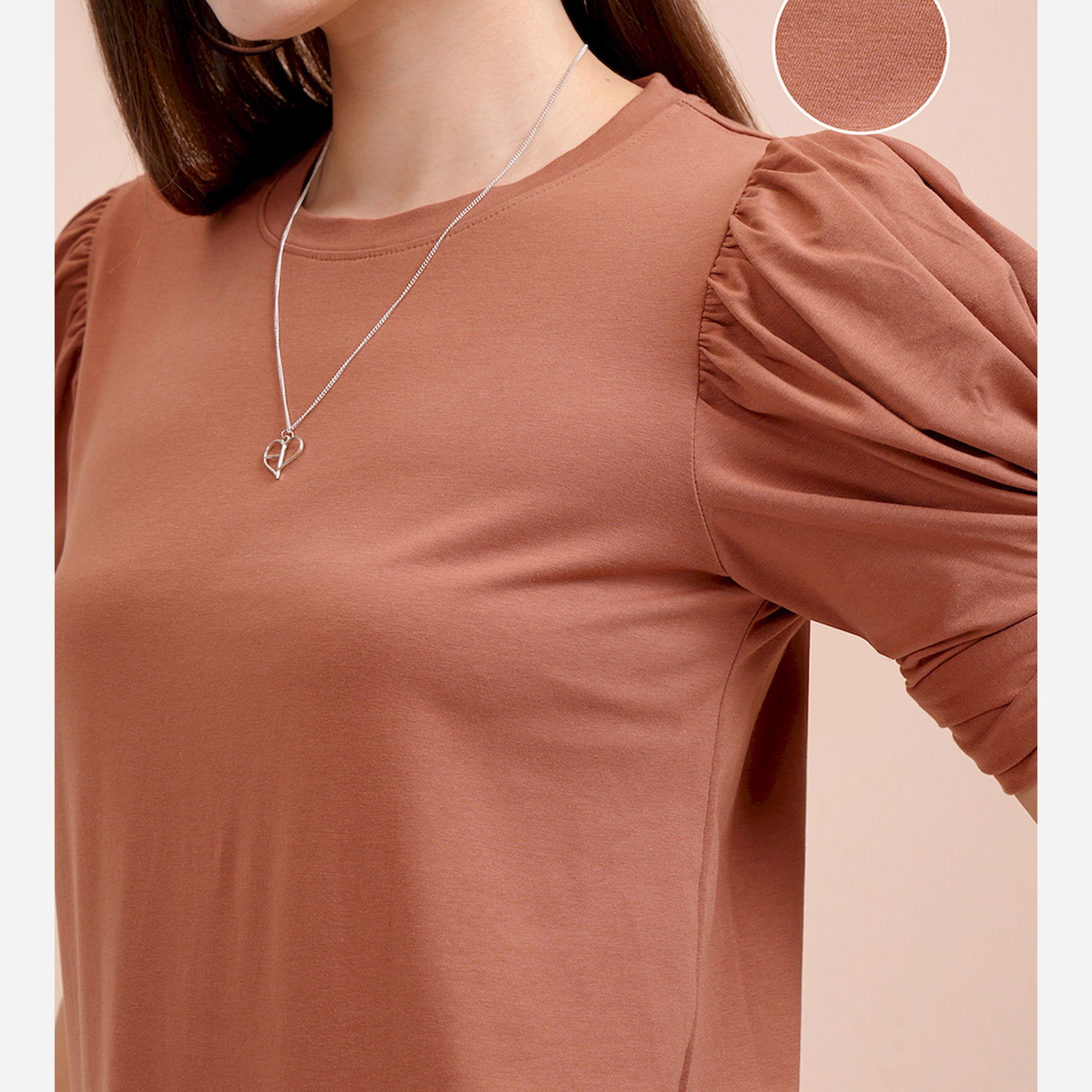 Tokyo Talkies X Styli Solid Puff Sleeves Slim Fit T-Shirt-women-clothing-tshirts-image-6