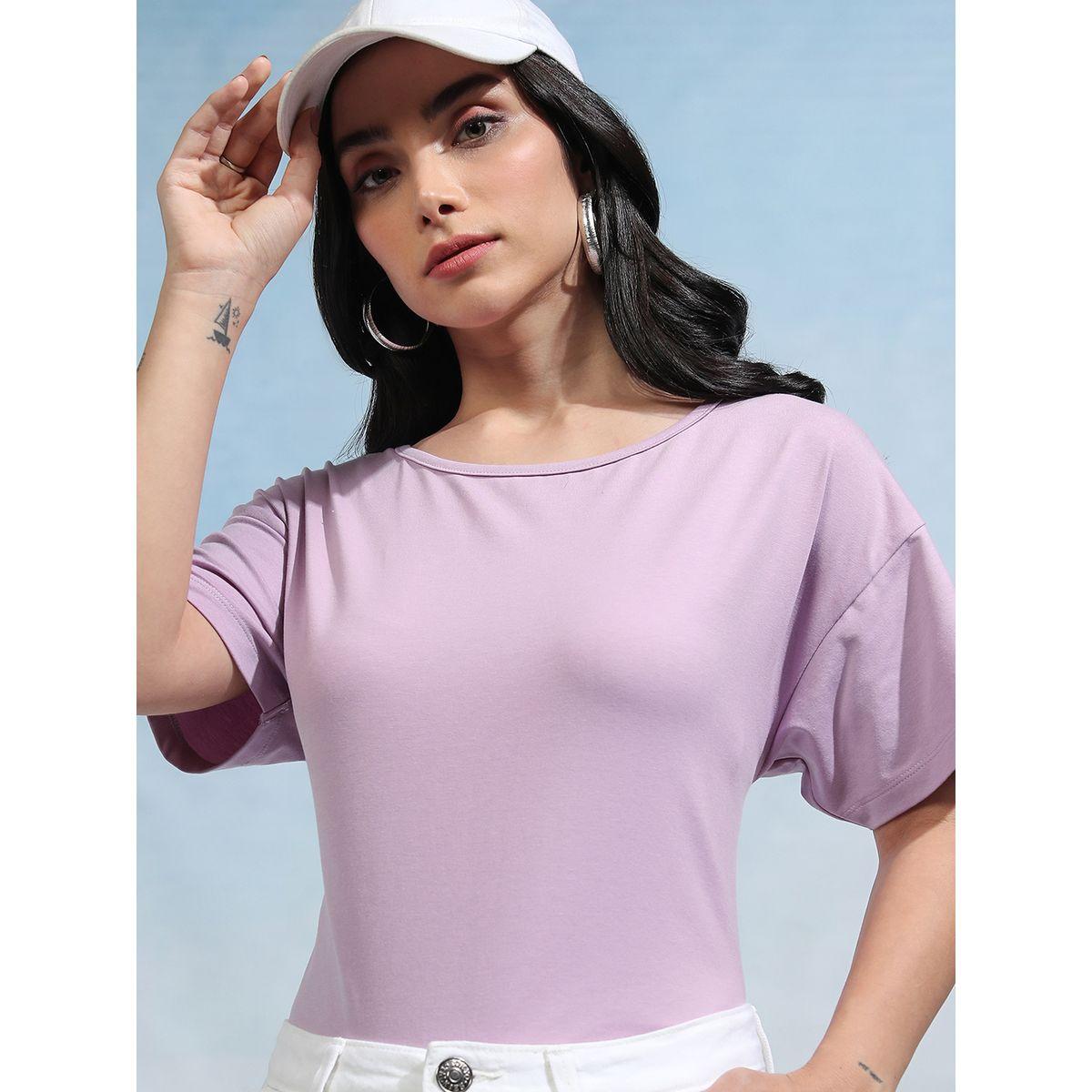 Solid Round Neck Curved Hem T-Shirt-women-clothing-tshirts-image-1