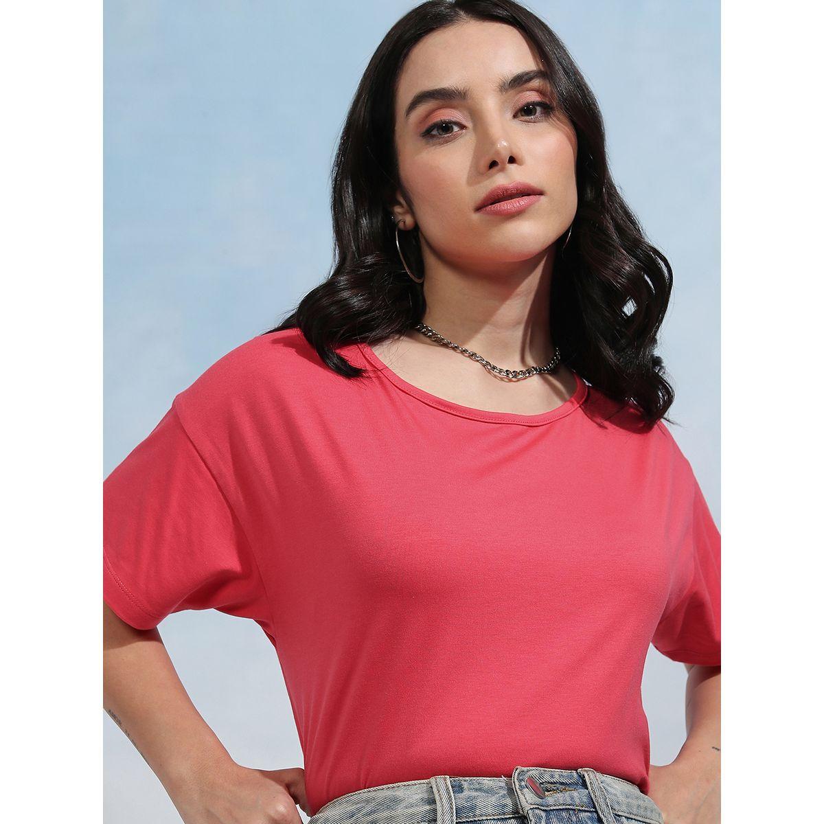 Solid Round Neck Curved Hem T-Shirt-women-clothing-tshirts-image-1