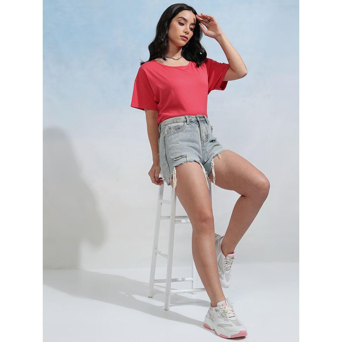 Solid Round Neck Curved Hem T-Shirt-women-clothing-tshirts-image-2