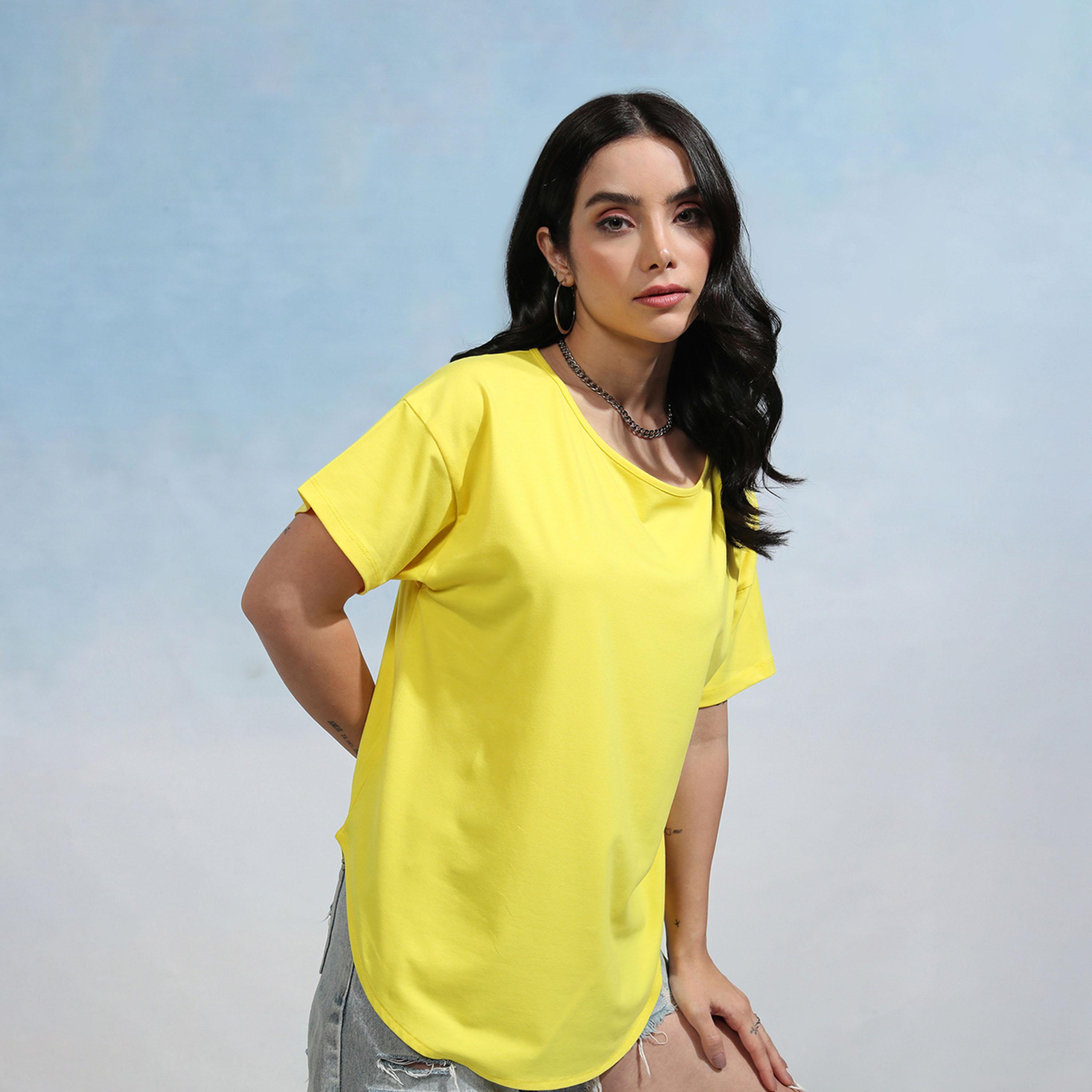 Tokyo Talkies X Styli Solid Regular Fit Curved Hem Cotton T-Shirt-women-clothing-tshirts-image-1
