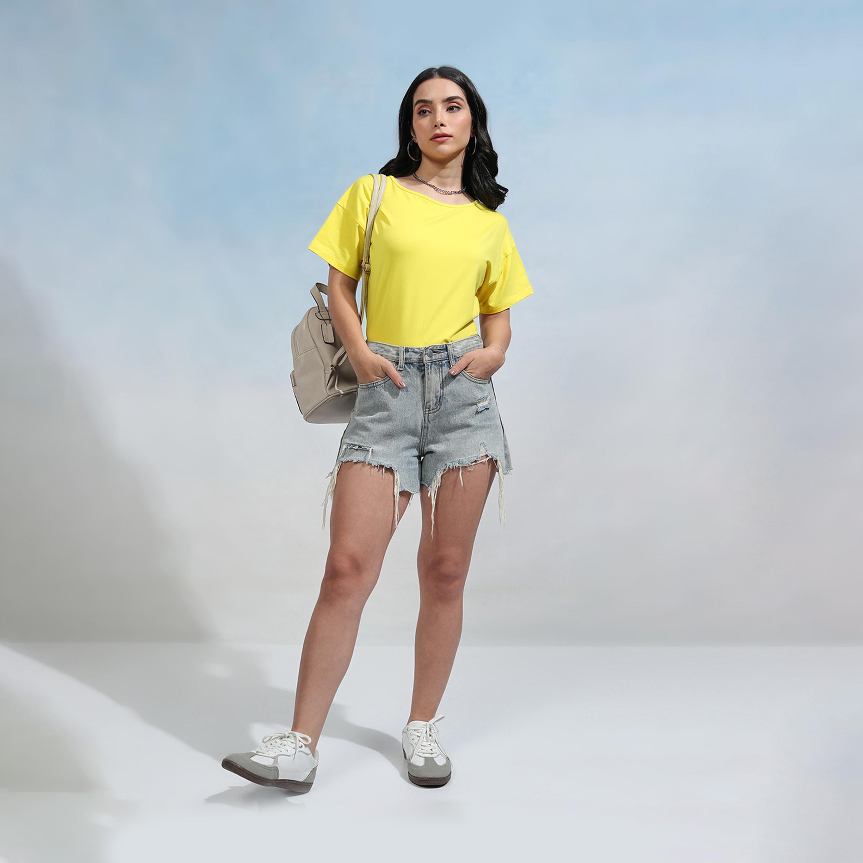Tokyo Talkies X Styli Solid Regular Fit Curved Hem Cotton T-Shirt-women-clothing-tshirts-image-2