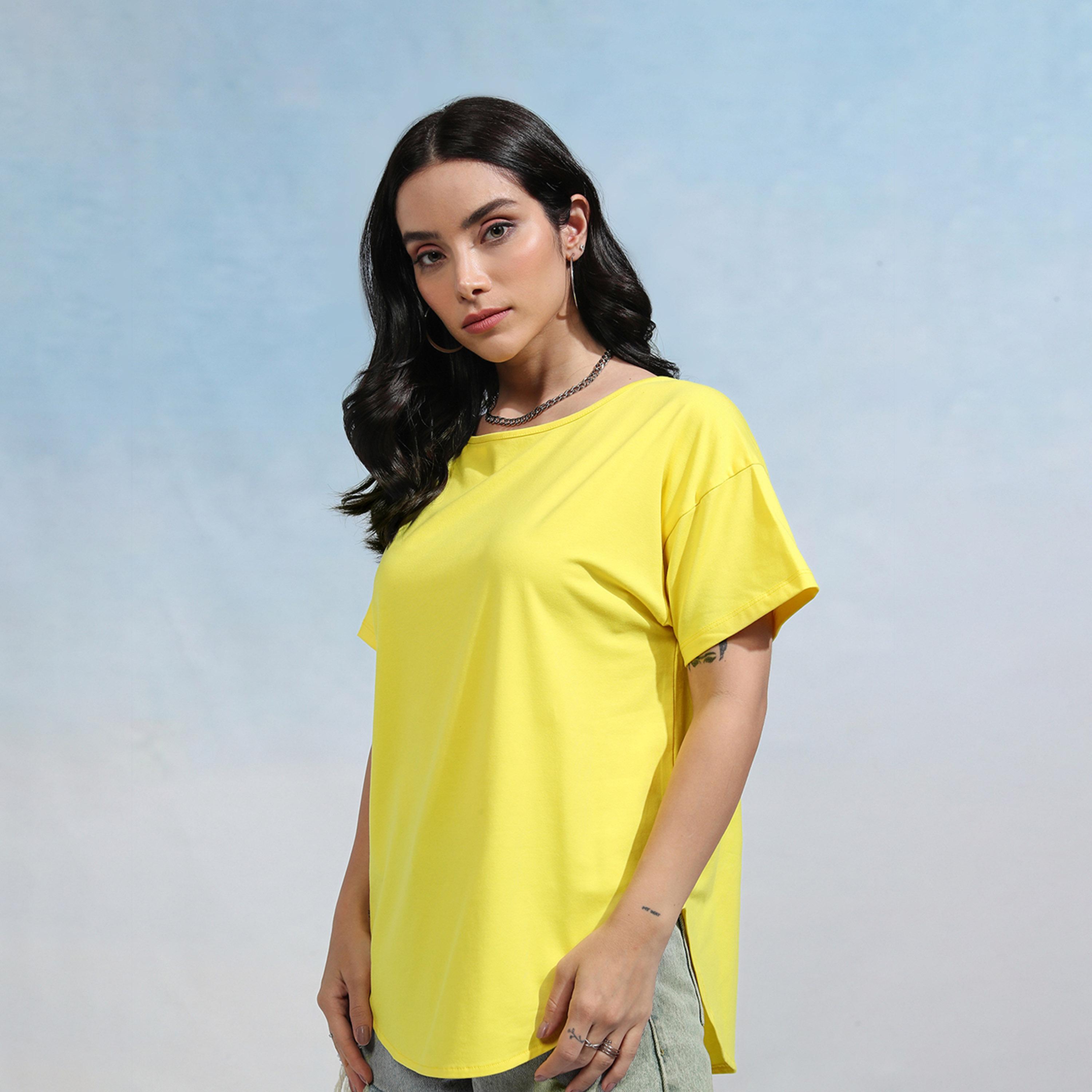 Tokyo Talkies X Styli Solid Regular Fit Curved Hem Cotton T-Shirt-women-clothing-tshirts-image-3