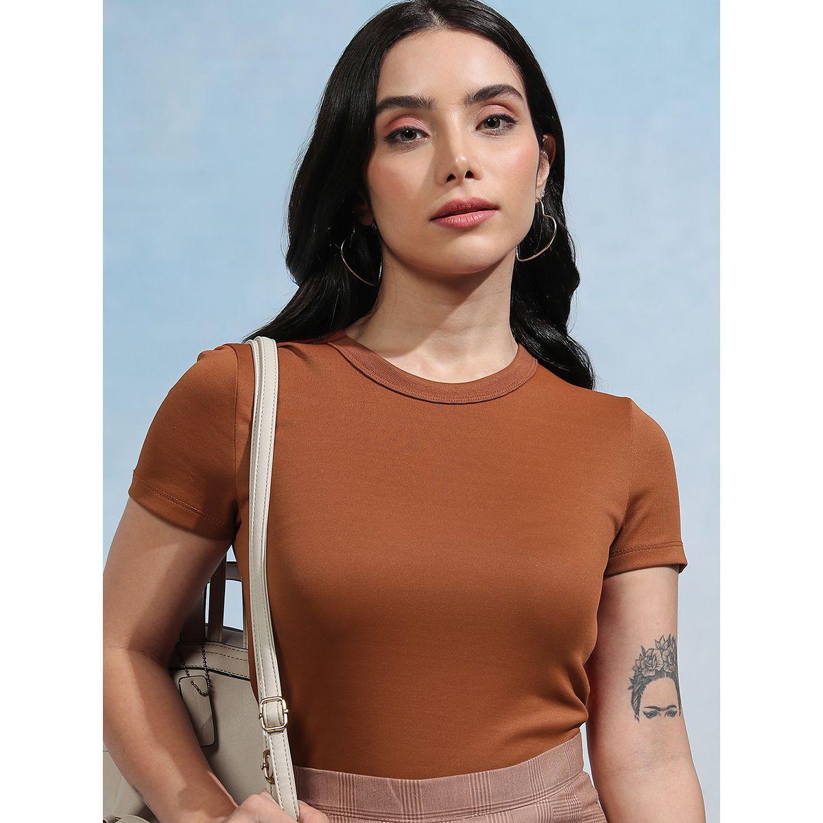 Tokyo Talkies X Styli Solid Round Neck Slim Fit T-Shirt-women-clothing-tshirts-image-1