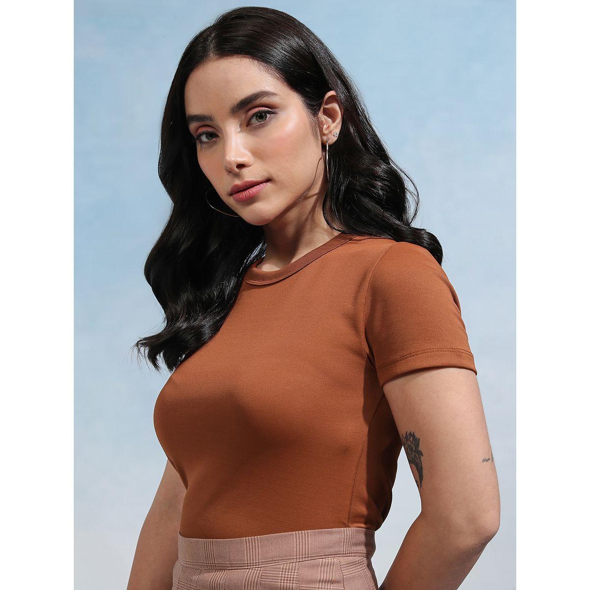 Tokyo Talkies X Styli Solid Round Neck Slim Fit T-Shirt-women-clothing-tshirts-image-4