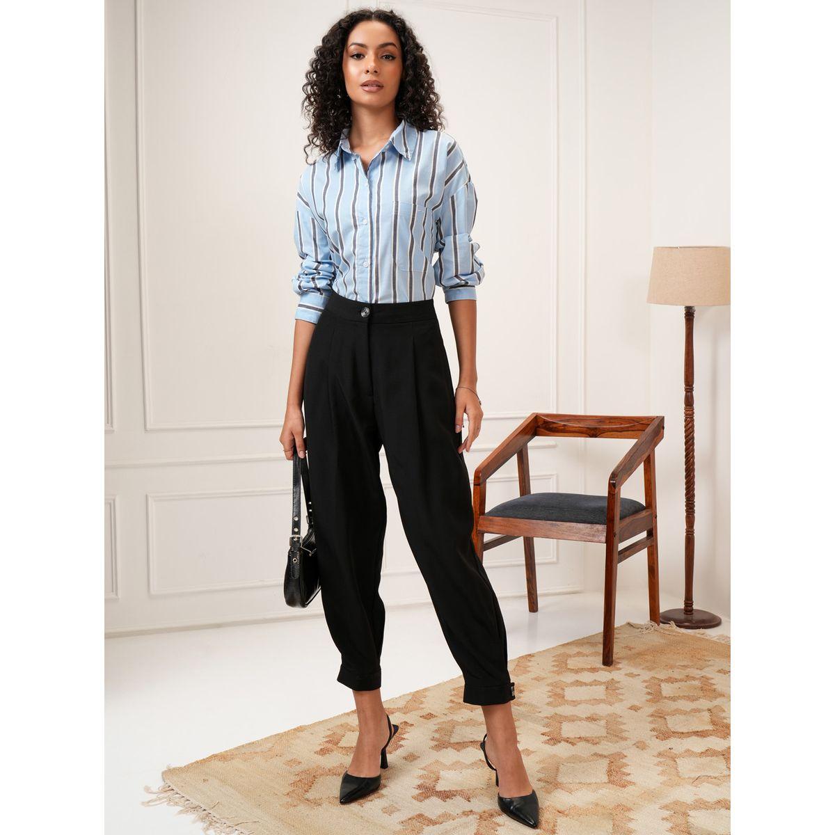 Tokyo Talkies X Styli Solid Mid Rise Pleated Tailored Crop Trousers-women-clothing-bottoms-trousers-image-2