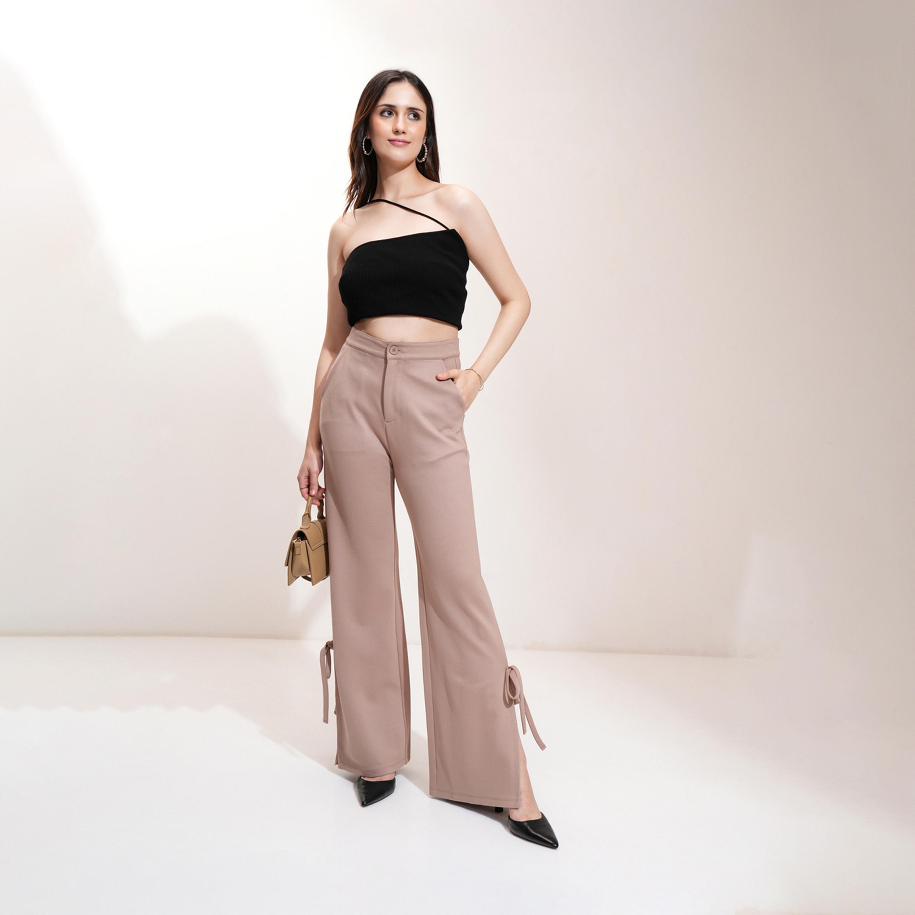 Tokyo Talkies X Styli Mid Rise Flared Trousers with Bow Tie Detail-women-clothing-bottoms-trousers-image-2