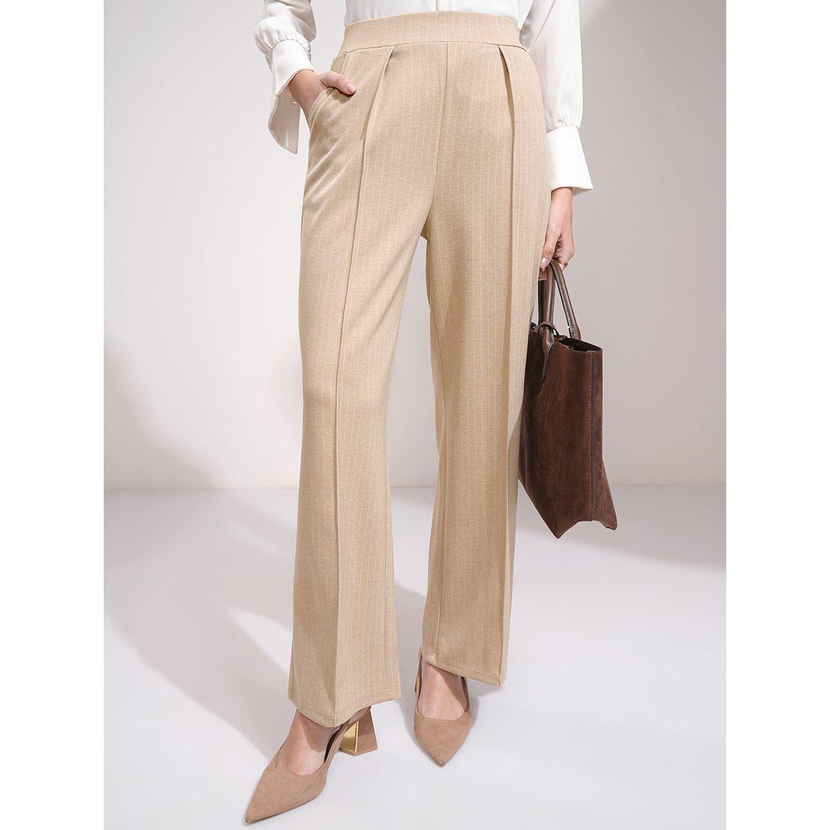 بنطال مخطط بقصة مستقيمة وتفاصيل مدروزة طوكيو توكيز × ستايلي-women-clothing-bottoms-trousers-image-1