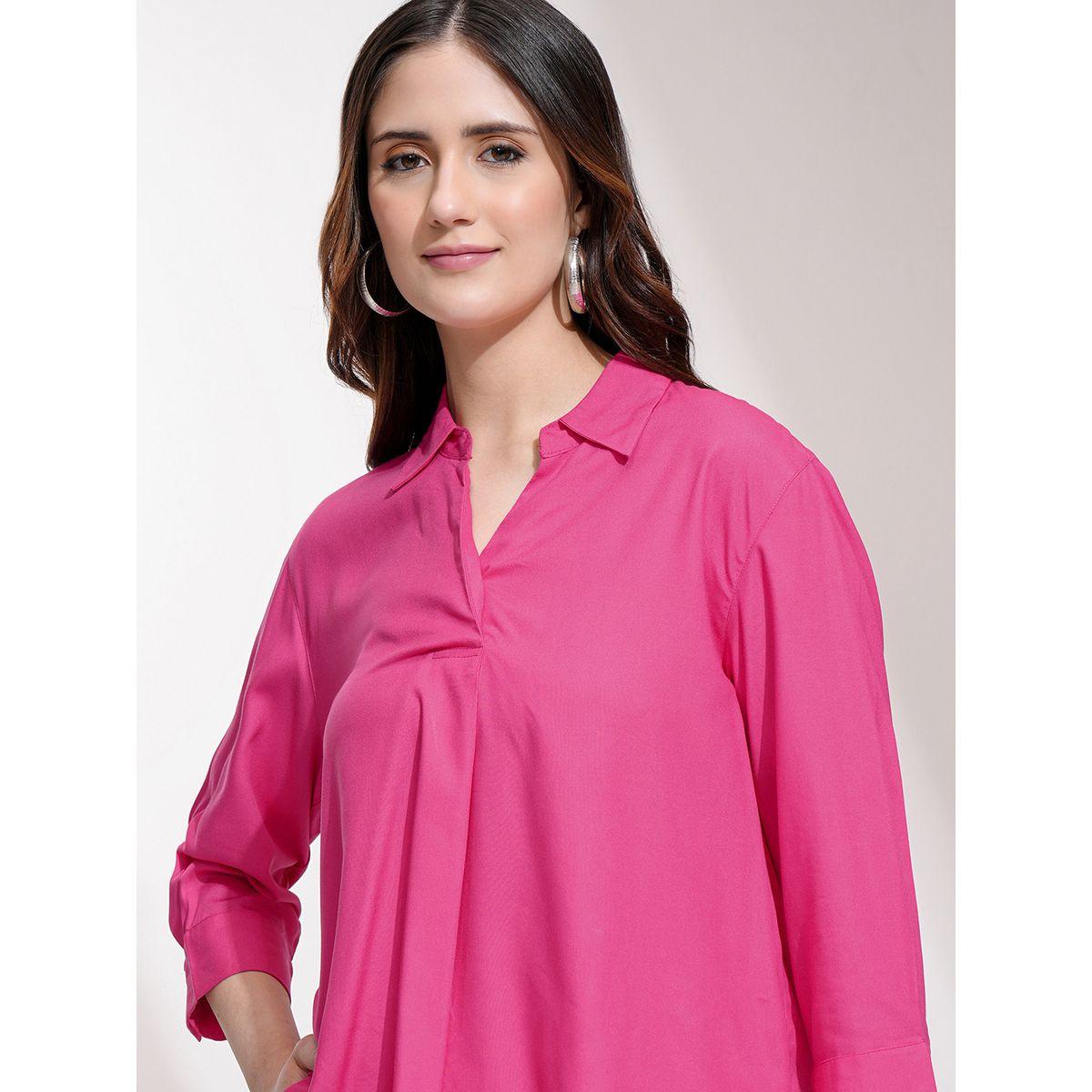 Tokyo Talkies X Styli Solid Curved Hem Collared Blouse-women-clothing-shirtsandblouses-blouses-image-1