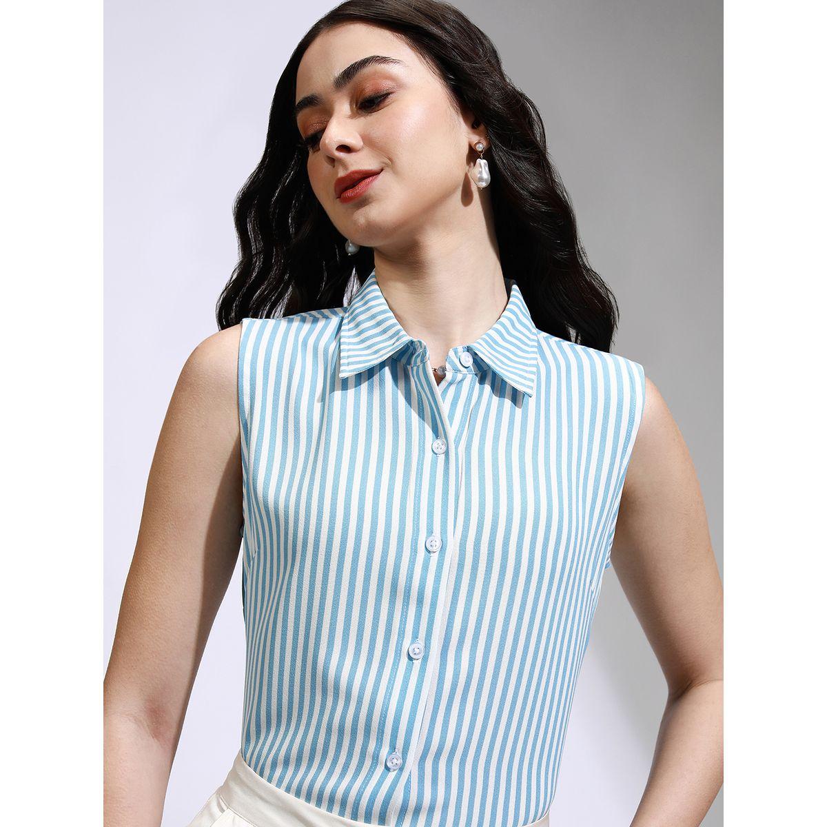 بلوزة مخططة بدون أكمام مع ياقة طوكيو توكيز × ستايلي-women-clothing-shirtsandblouses-shirts-image-1