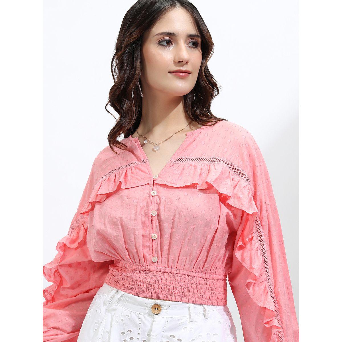 بلوزة قصيرة بأكمام وطواطية وتفاصيل كشكش طوكيو توكيز × ستايلي-women-clothing-tshirts-image-1