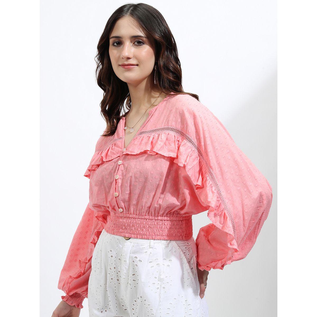 بلوزة قصيرة بأكمام وطواطية وتفاصيل كشكش طوكيو توكيز × ستايلي-women-clothing-tshirts-image-4