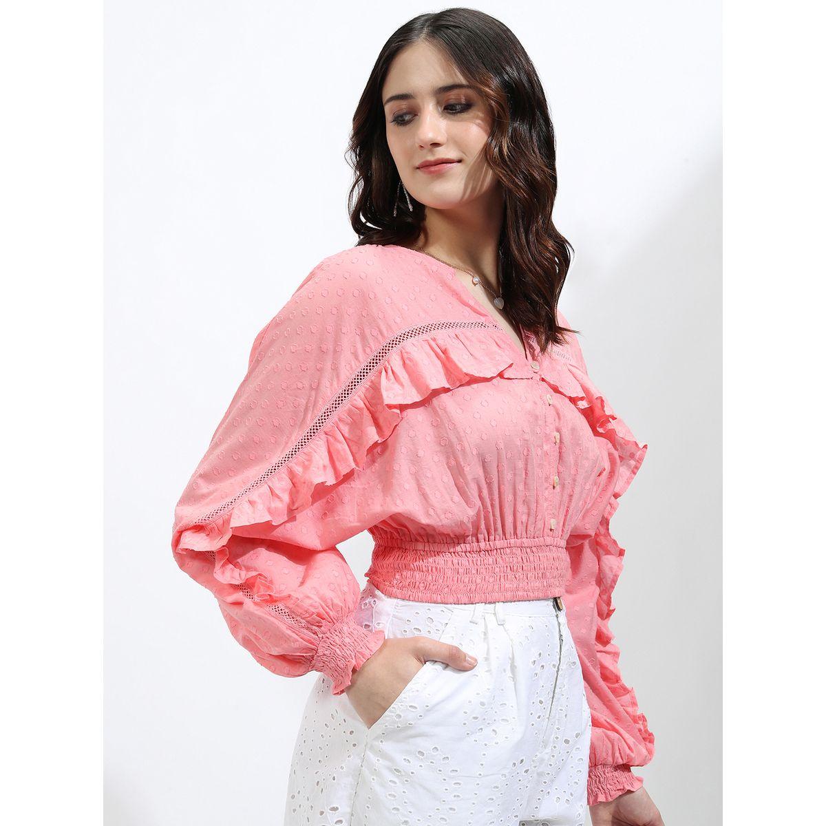 بلوزة قصيرة بأكمام وطواطية وتفاصيل كشكش طوكيو توكيز × ستايلي-women-clothing-tshirts-image-6