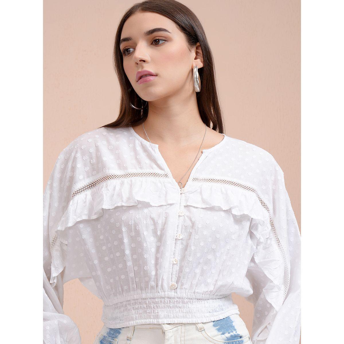 Dobby Batwing Sleeve Ruffle Detail Crop Top-women-clothing-tshirts-image-1
