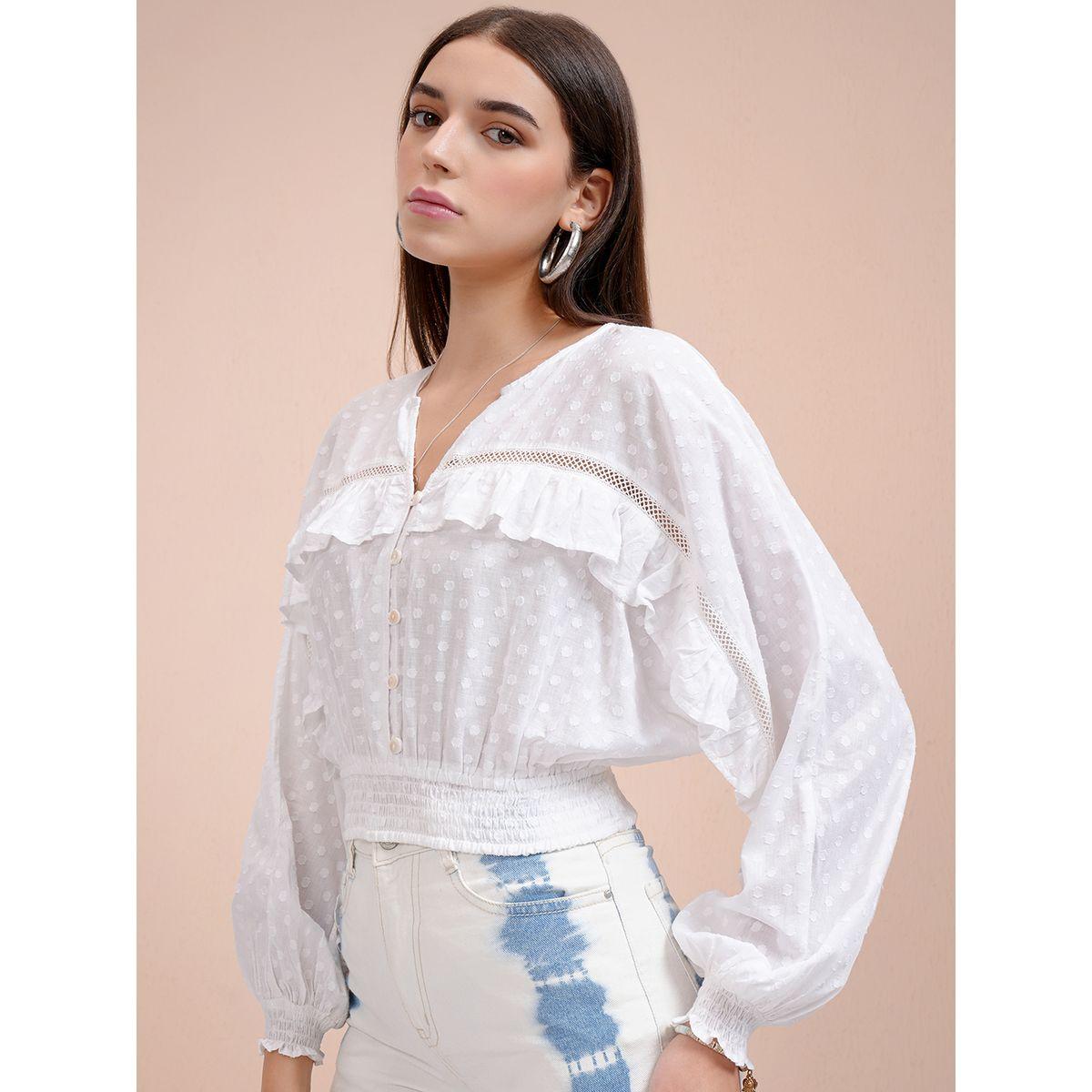 بلوزة قصيرة بأكمام وطواطية وتفاصيل كشكش-women-clothing-tshirts-image-4