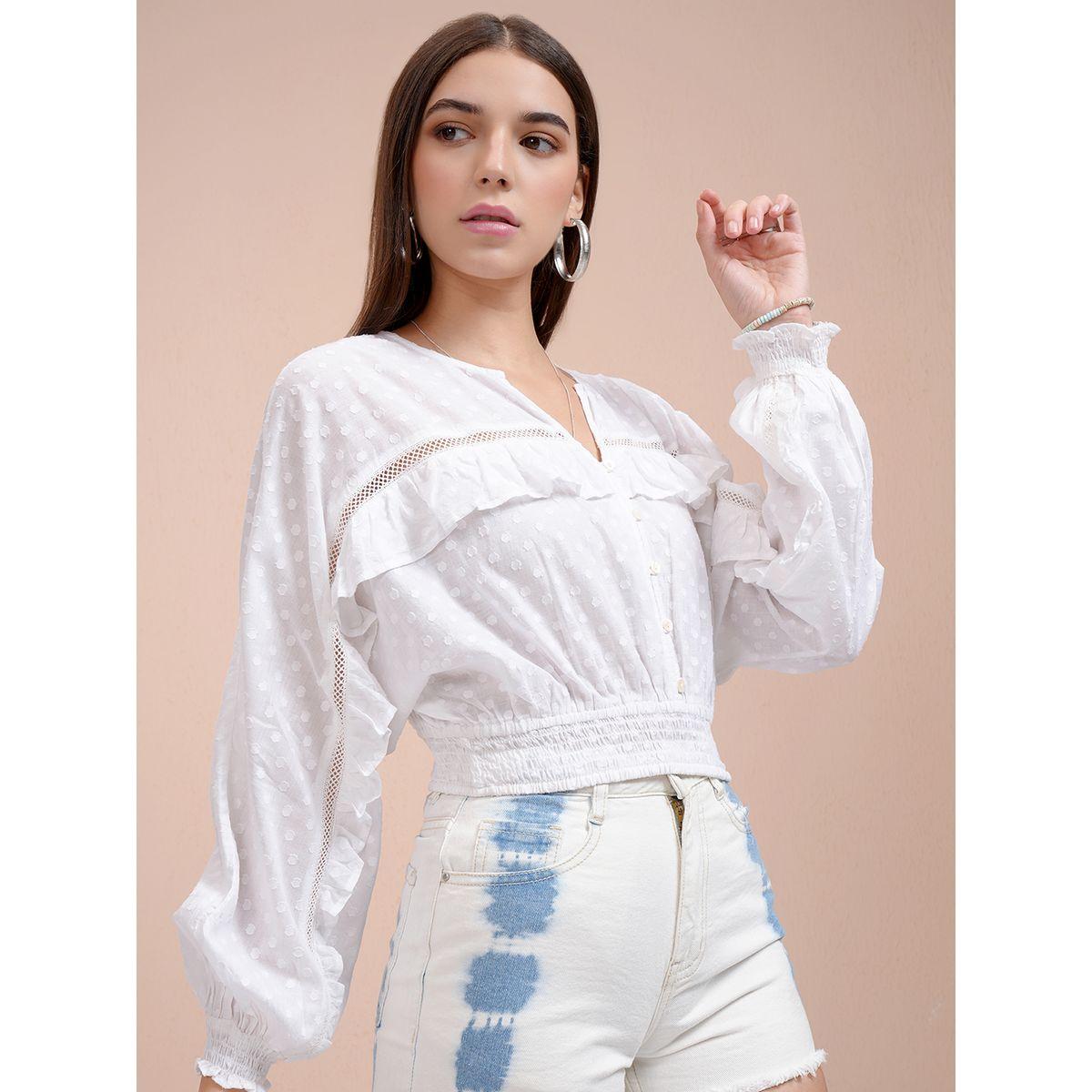 Dobby Batwing Sleeve Ruffle Detail Crop Top-women-clothing-tshirts-image-6