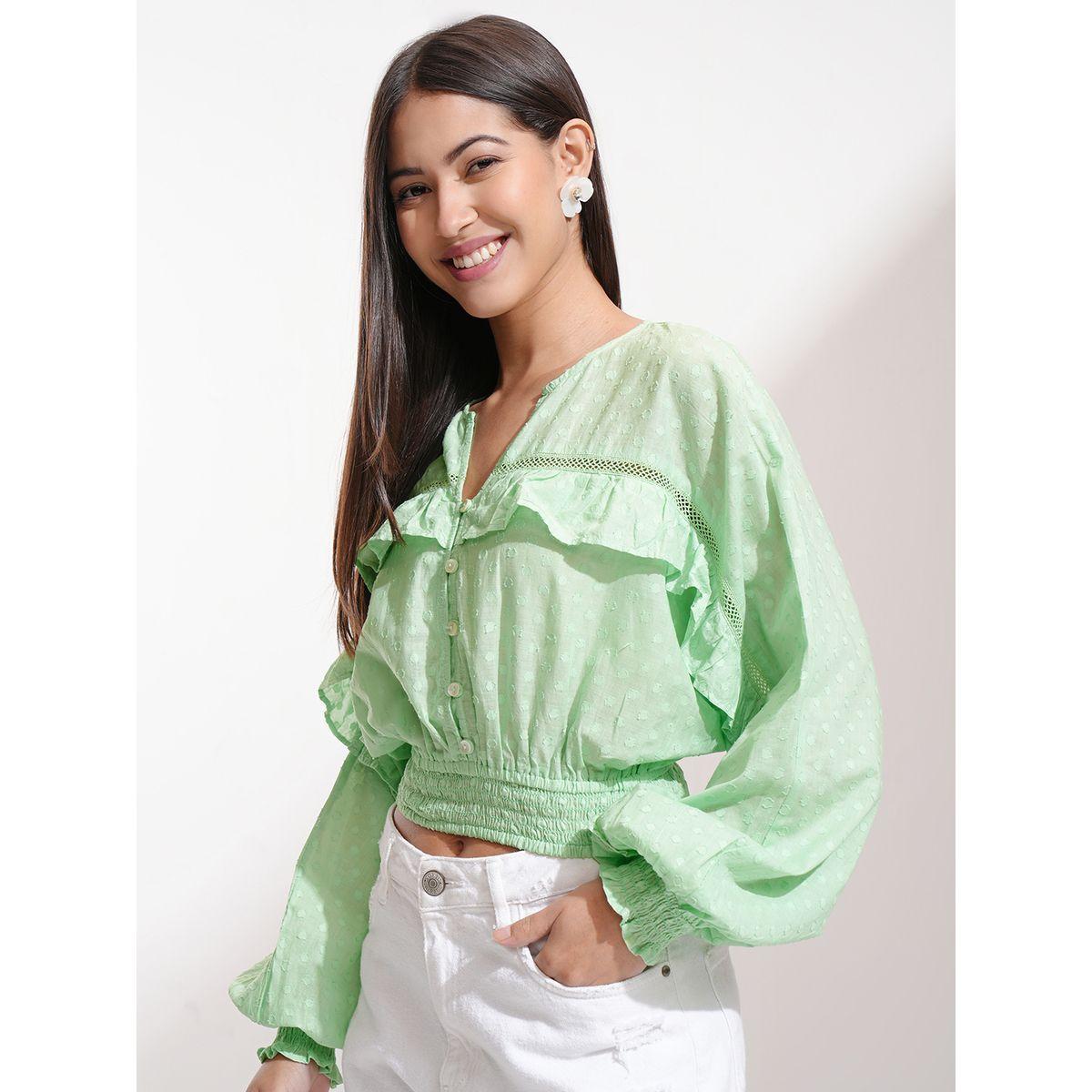 بلوزة قصيرة بأكمام وطواطية وتفاصيل كشكش-women-clothing-tshirts-image-4