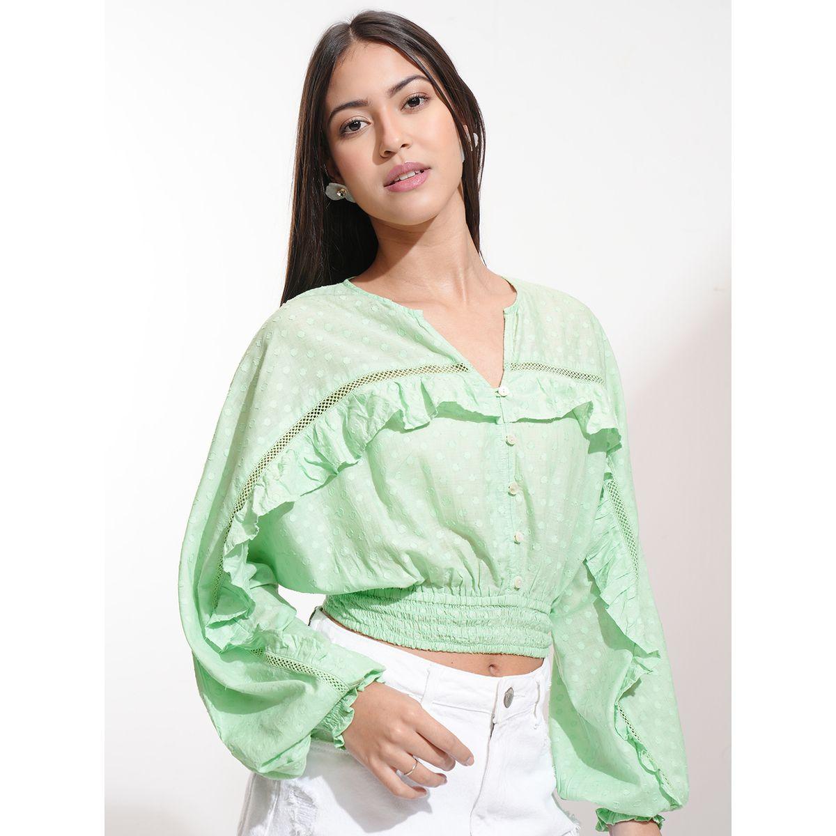 Dobby Batwing Sleeve Ruffle Detail Crop Top-women-clothing-tshirts-image-6