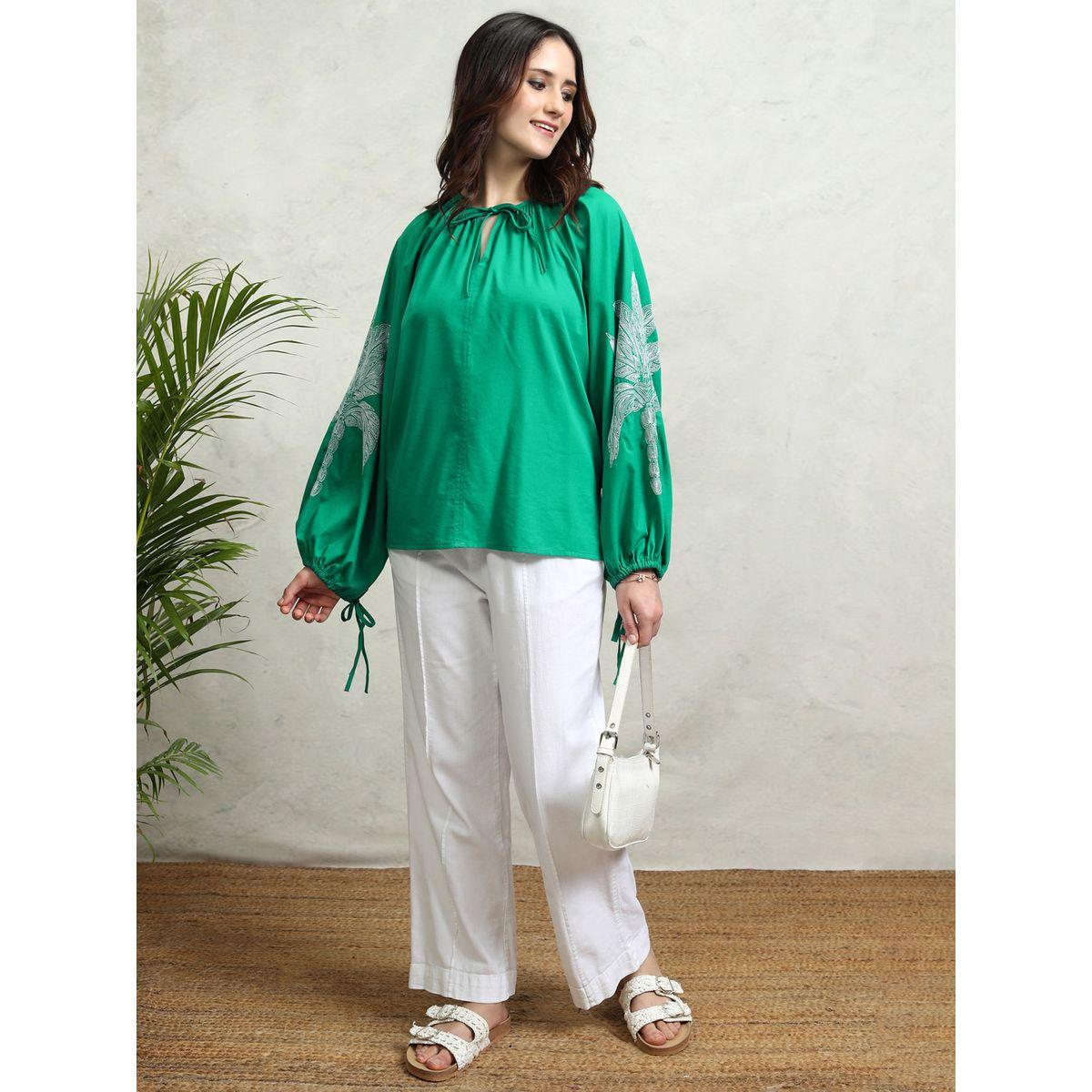 Floral Print Balloon Sleeve Top with Tie-Up Neck-women-clothing-shirtsandblouses-blouses-image-2