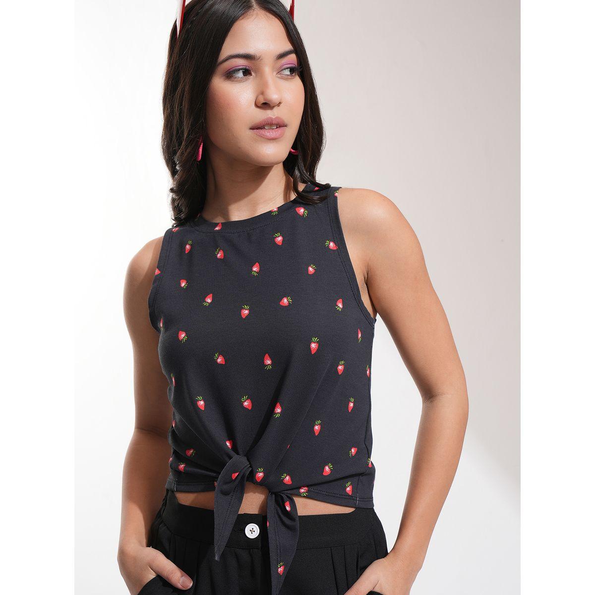 بلوزة بطبعة جرافيك وياقة دائرية مع تفاصيل أربطة-women-clothing-shirtsandblouses-blouses-image-1